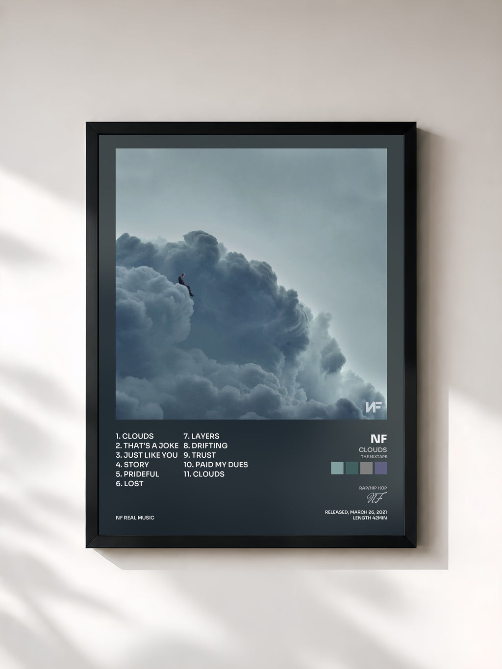#noir Tableau de l'album CLOUDS (THE MIXTAPE) de NF, cadre noir, imprimé et encadré en France