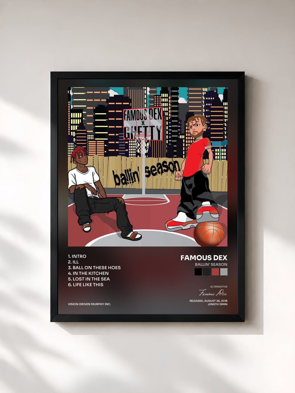 #noir Tableau de l'album Ballin' Season de Famous Dex, cadre noir, imprimé et encadré en France
