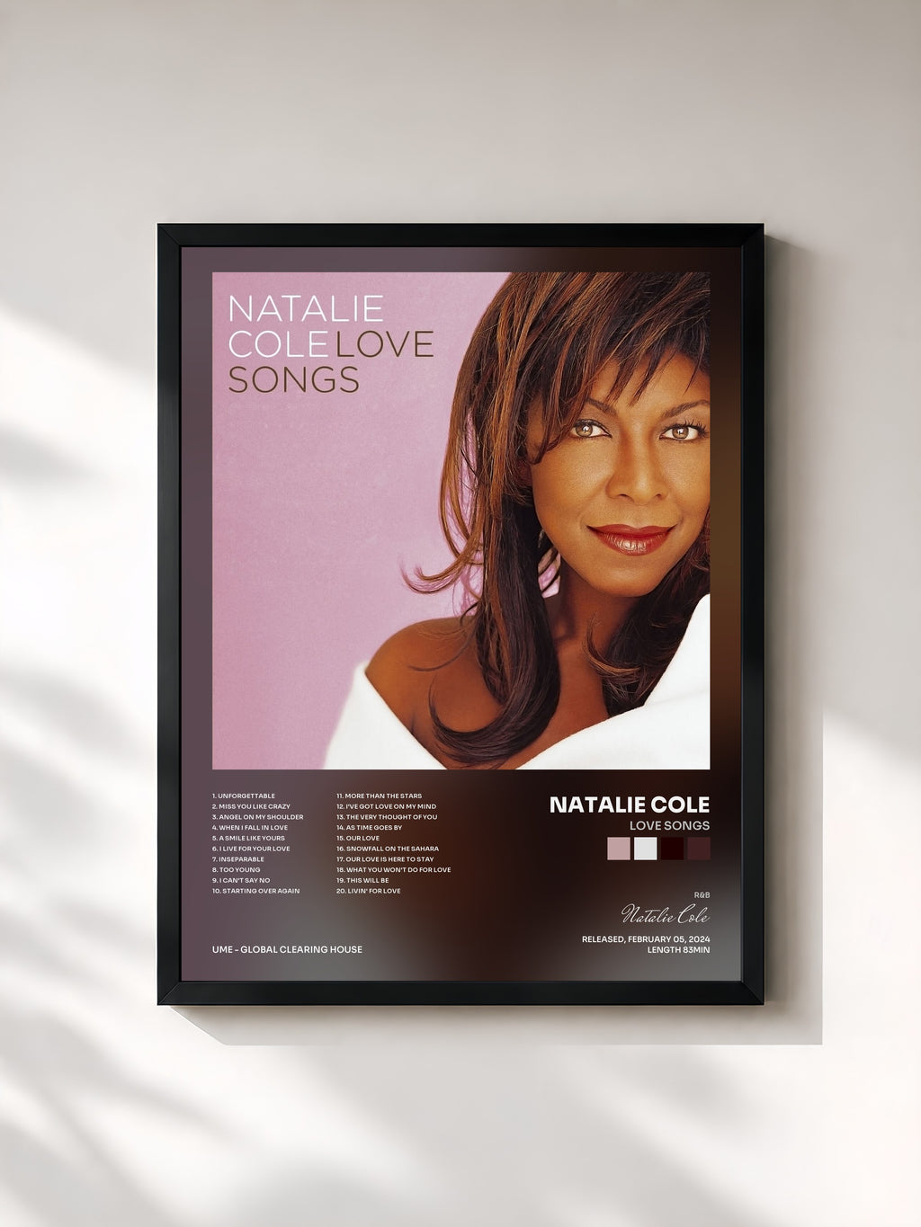 #noir Tableau de l'album Love Songs de Natalie Cole, cadre noir, imprimé et encadré en France