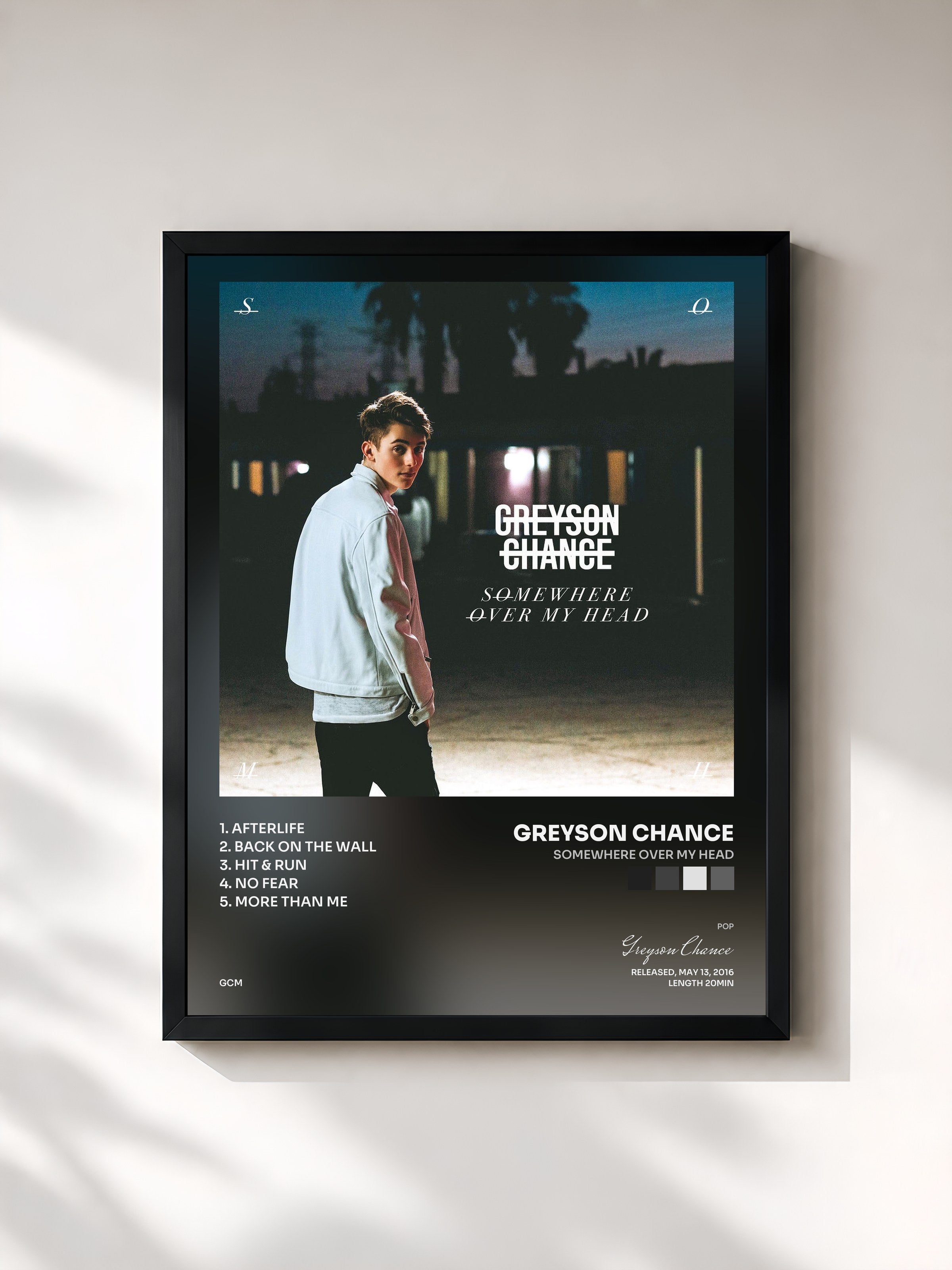 #noir Tableau de l'album Somewhere over My Head de Greyson Chance, cadre noir, imprimé et encadré en France