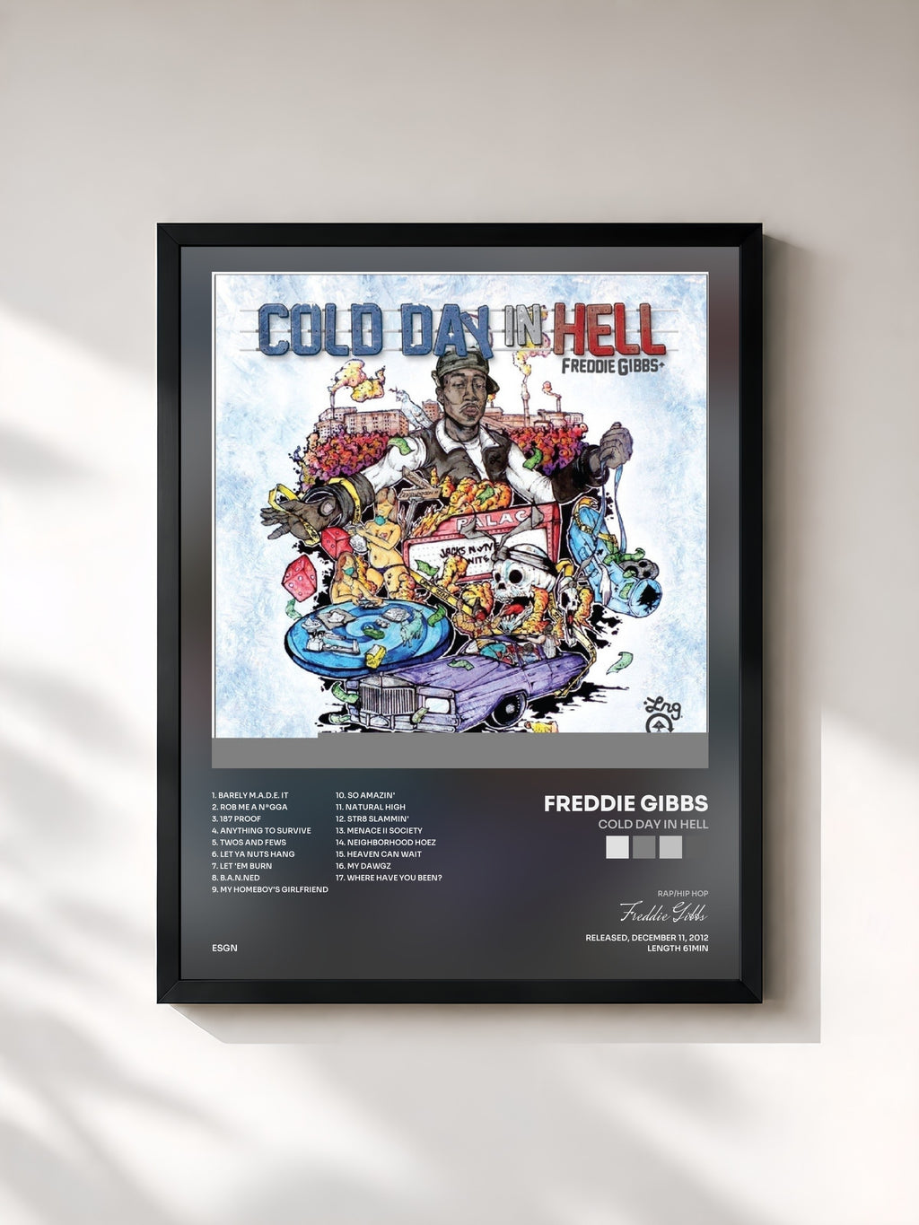 #noir Tableau de l'album Cold Day In Hell de Freddie Gibbs, cadre noir, imprimé et encadré en France