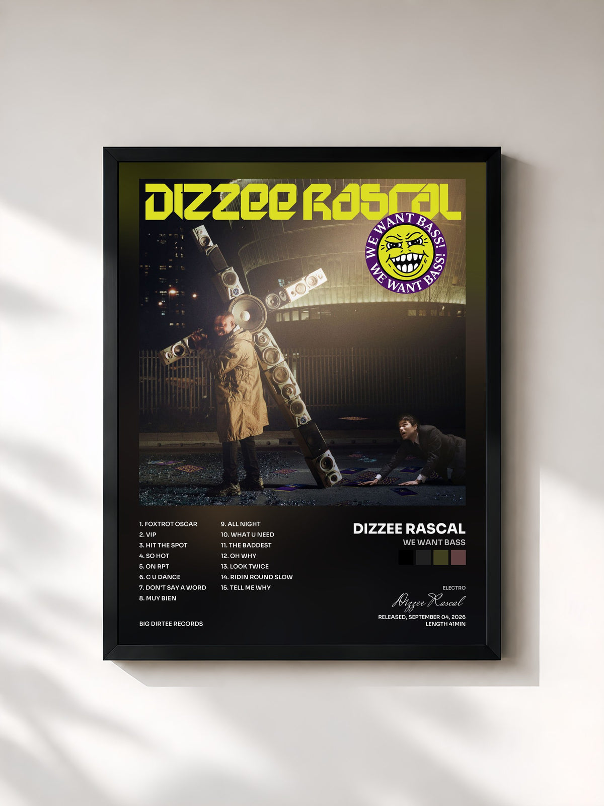 #noir Tableau de l'album We Want Bass de Dizzee Rascal, cadre noir, imprimé et encadré en France