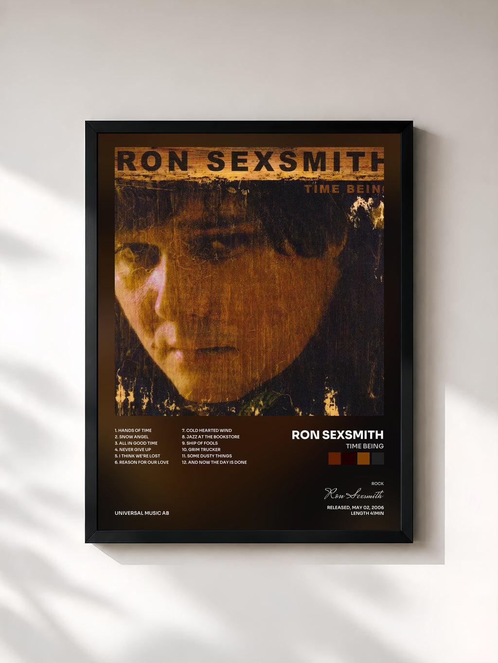 #noir Tableau de l'album Time Being de Ron Sexsmith, cadre noir, imprimé et encadré en France