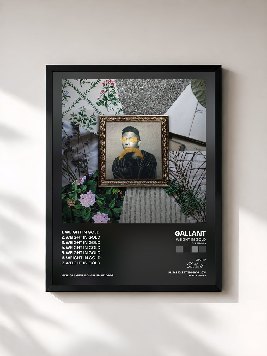 #noir Tableau de l'album Weight in Gold (The Remixes) de Gallant, cadre noir, imprimé et encadré en France