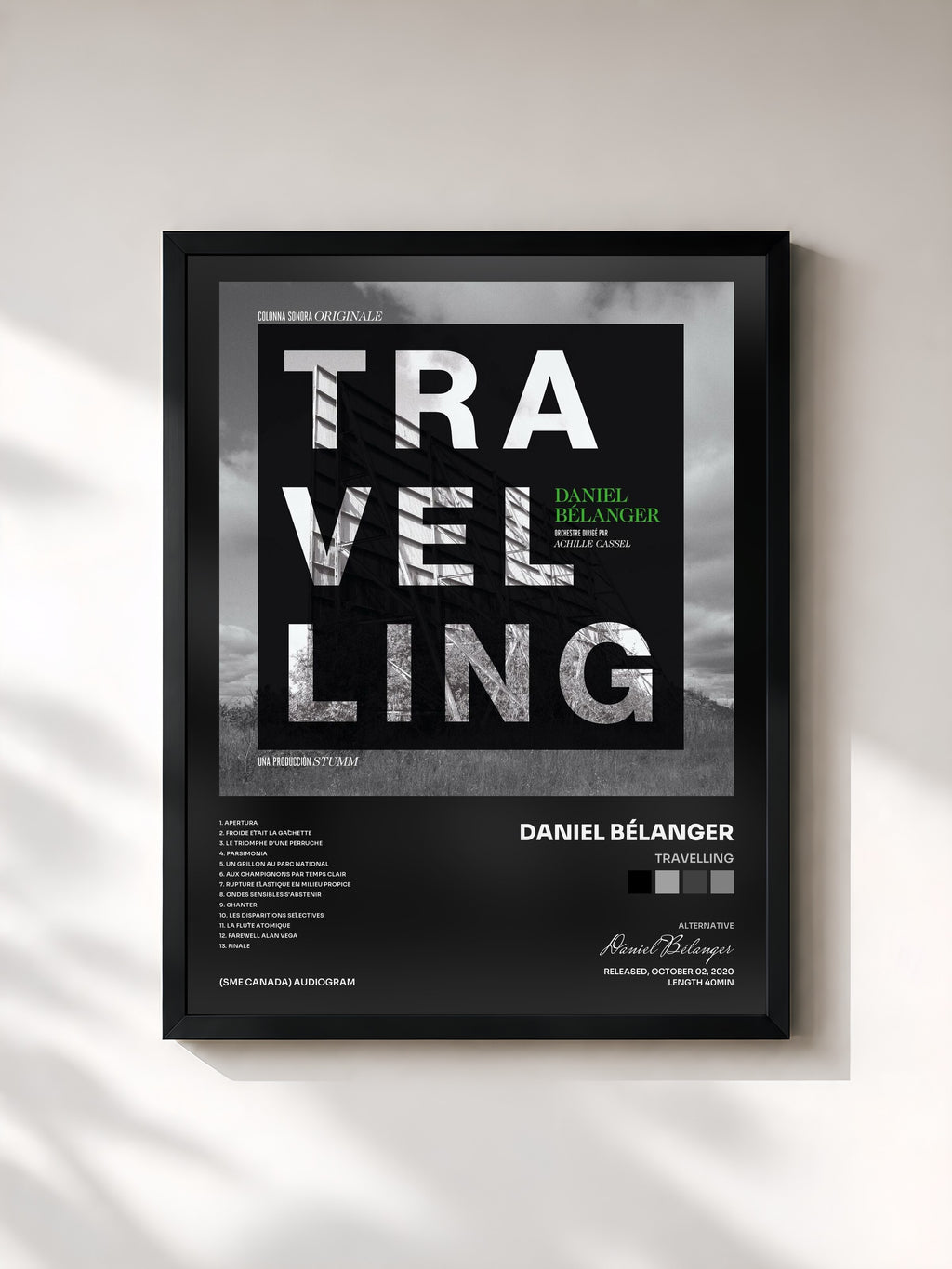 #noir Tableau de l'album Travelling de Daniel Bélanger, cadre noir, imprimé et encadré en France