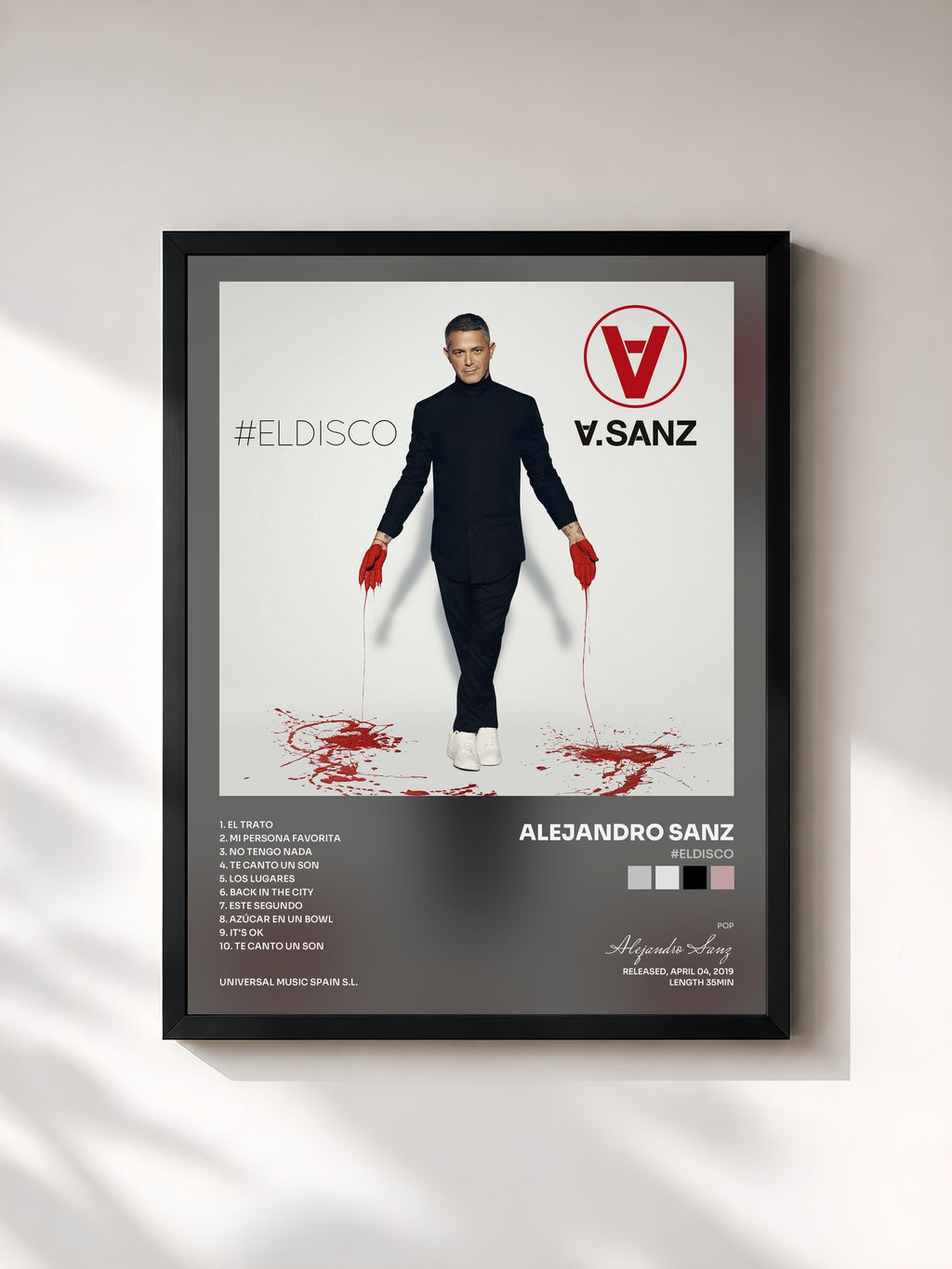 #noir Tableau de l'album #ELDISCO de Alejandro Sanz, cadre noir, imprimé et encadré en France