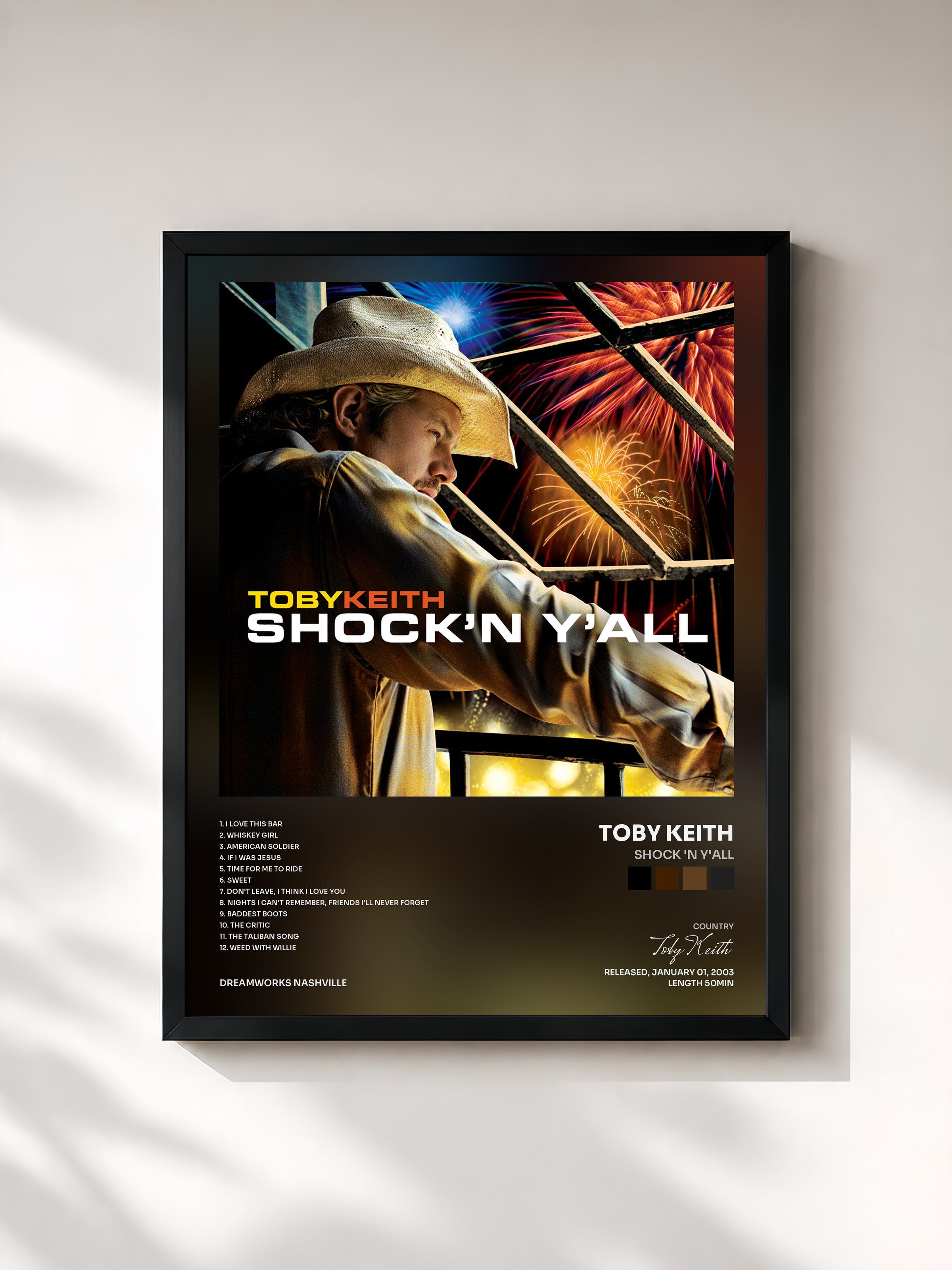 #noir Tableau de l'album Shock 'N Y'all de Toby Keith, cadre noir, imprimé et encadré en France