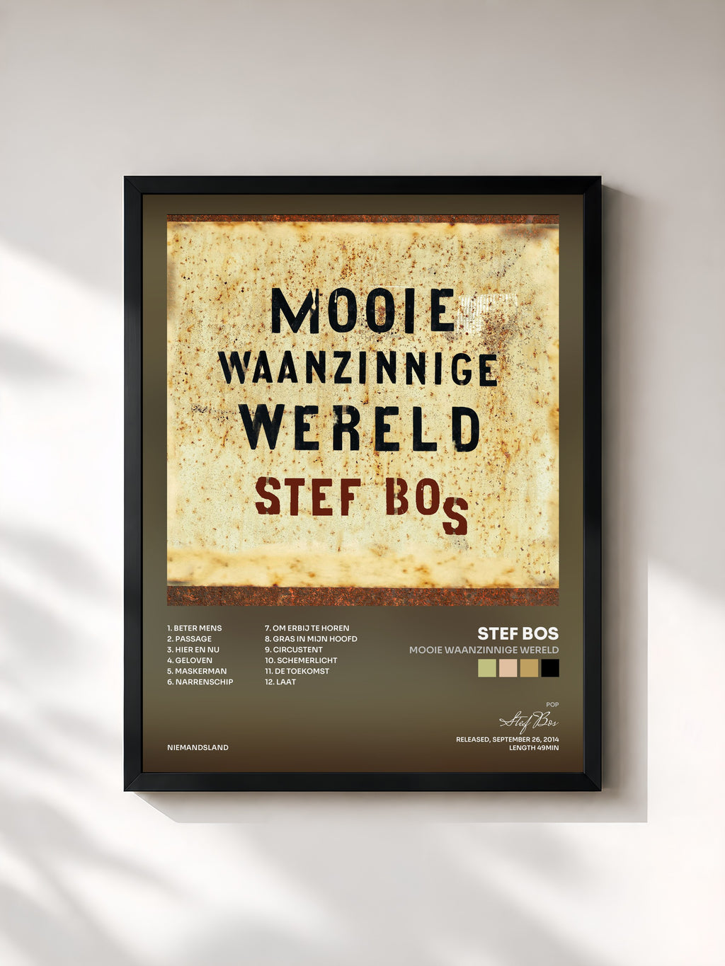 #noir Tableau de l'album Mooie Waanzinnige Wereld de Stef Bos, cadre noir, imprimé et encadré en France