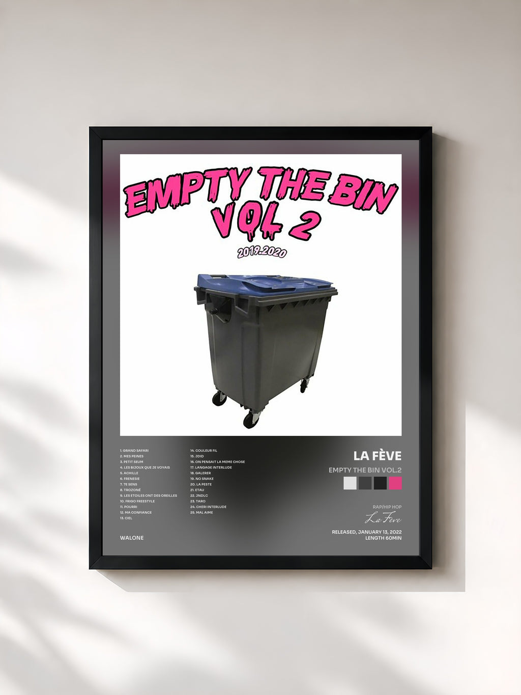 #noir Tableau de l'album EMPTY THE BIN VOL.2 de La Fève, cadre noir, imprimé et encadré en France
