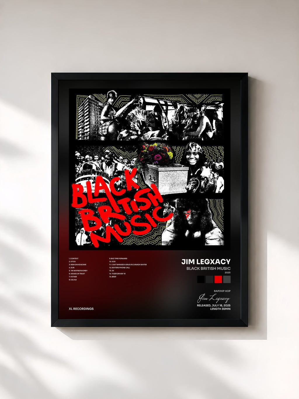 #noir Tableau de l'album black british music (2025) de Jim Legxacy, cadre noir, imprimé et encadré en France