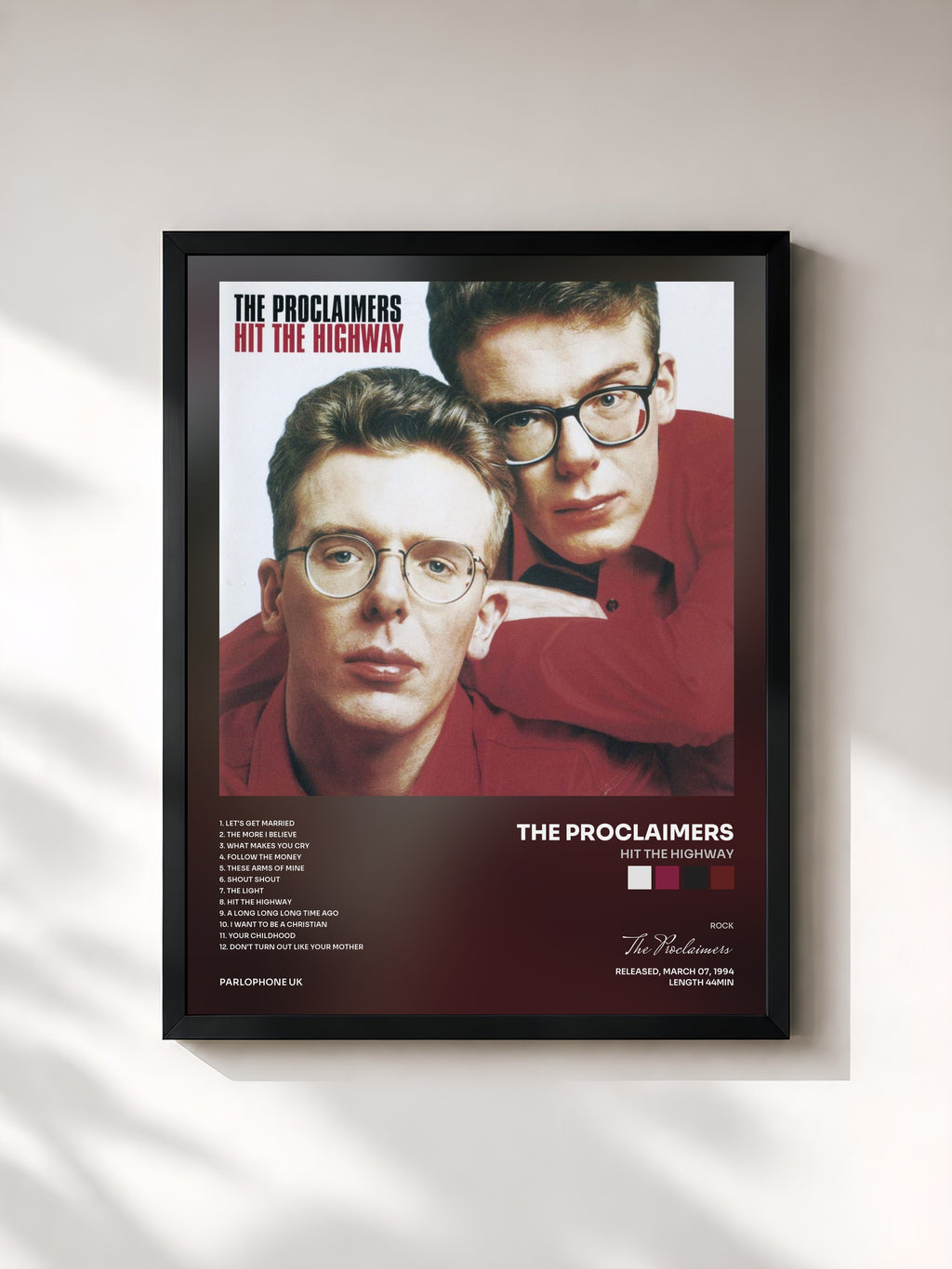 #noir Tableau de l'album Hit the Highway de The Proclaimers, cadre noir, imprimé et encadré en France