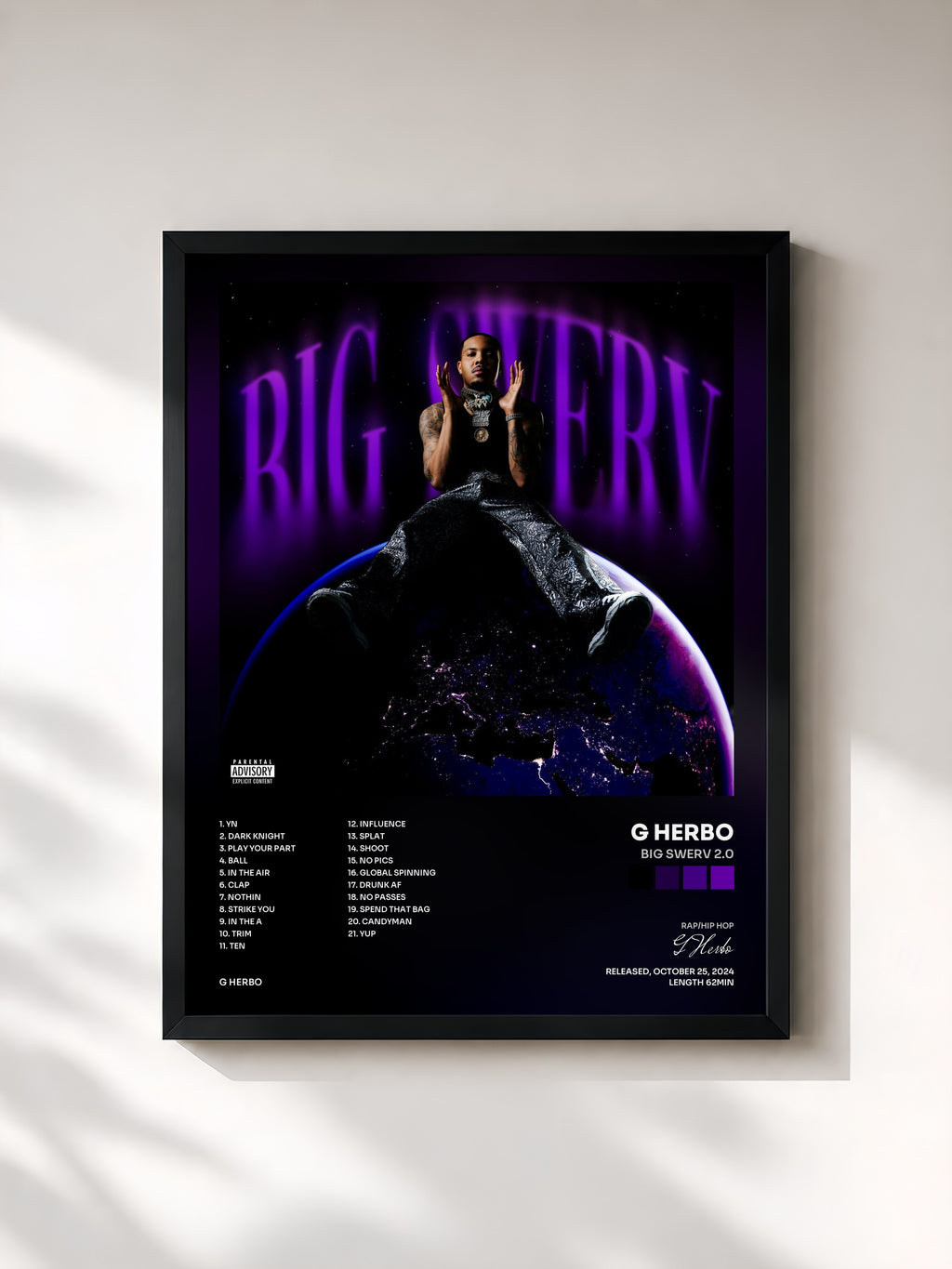 #noir Tableau de l'album Big Swerv 2.0 de G Herbo, cadre noir, imprimé et encadré en France