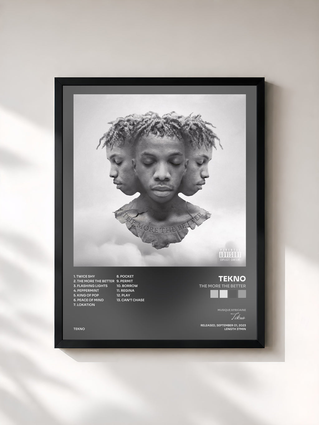 #noir Tableau de l'album The More The Better de Tekno, cadre noir, imprimé et encadré en France
