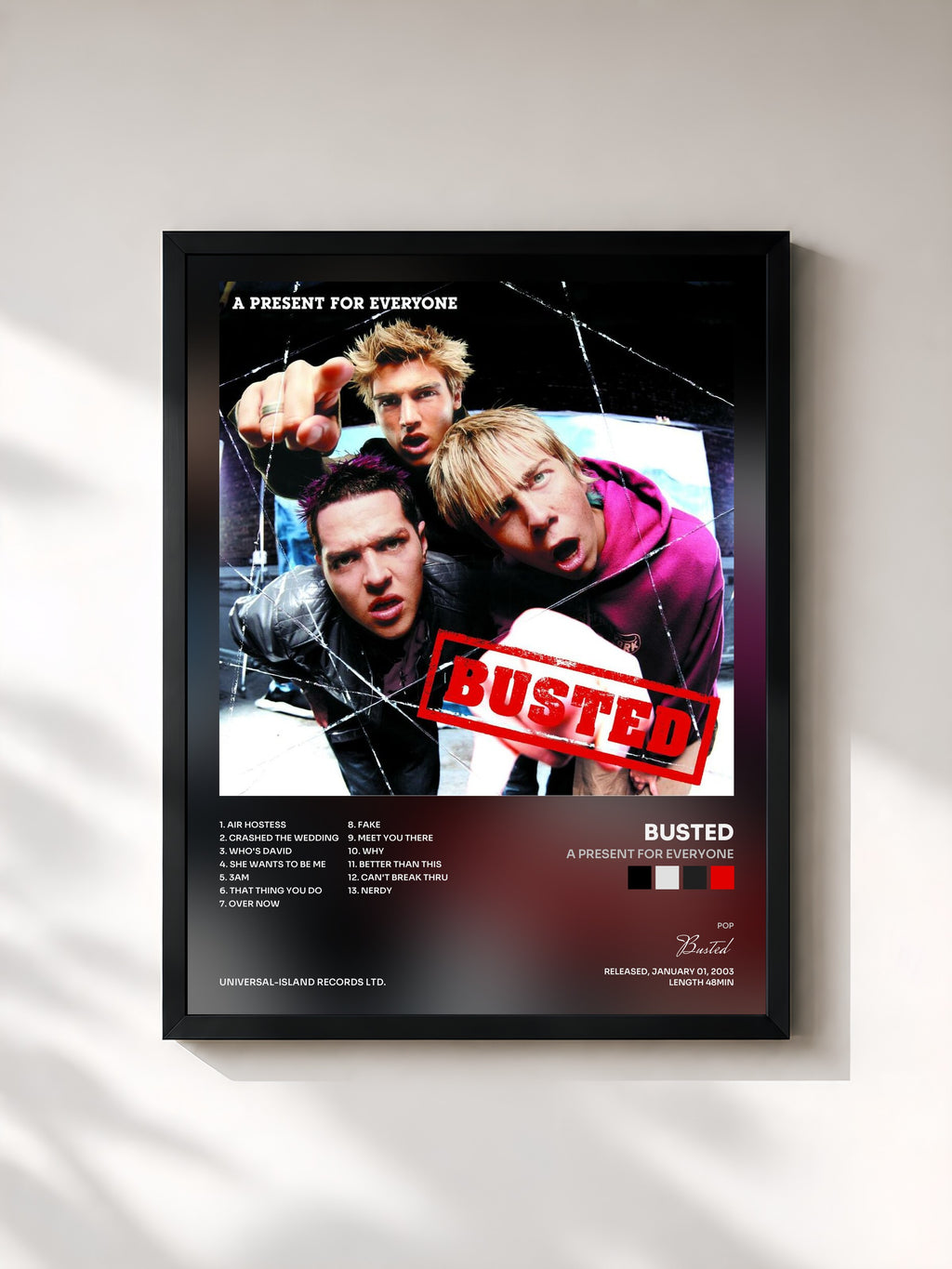 #noir Tableau de l'album A Present For Everyone de Busted, cadre noir, imprimé et encadré en France