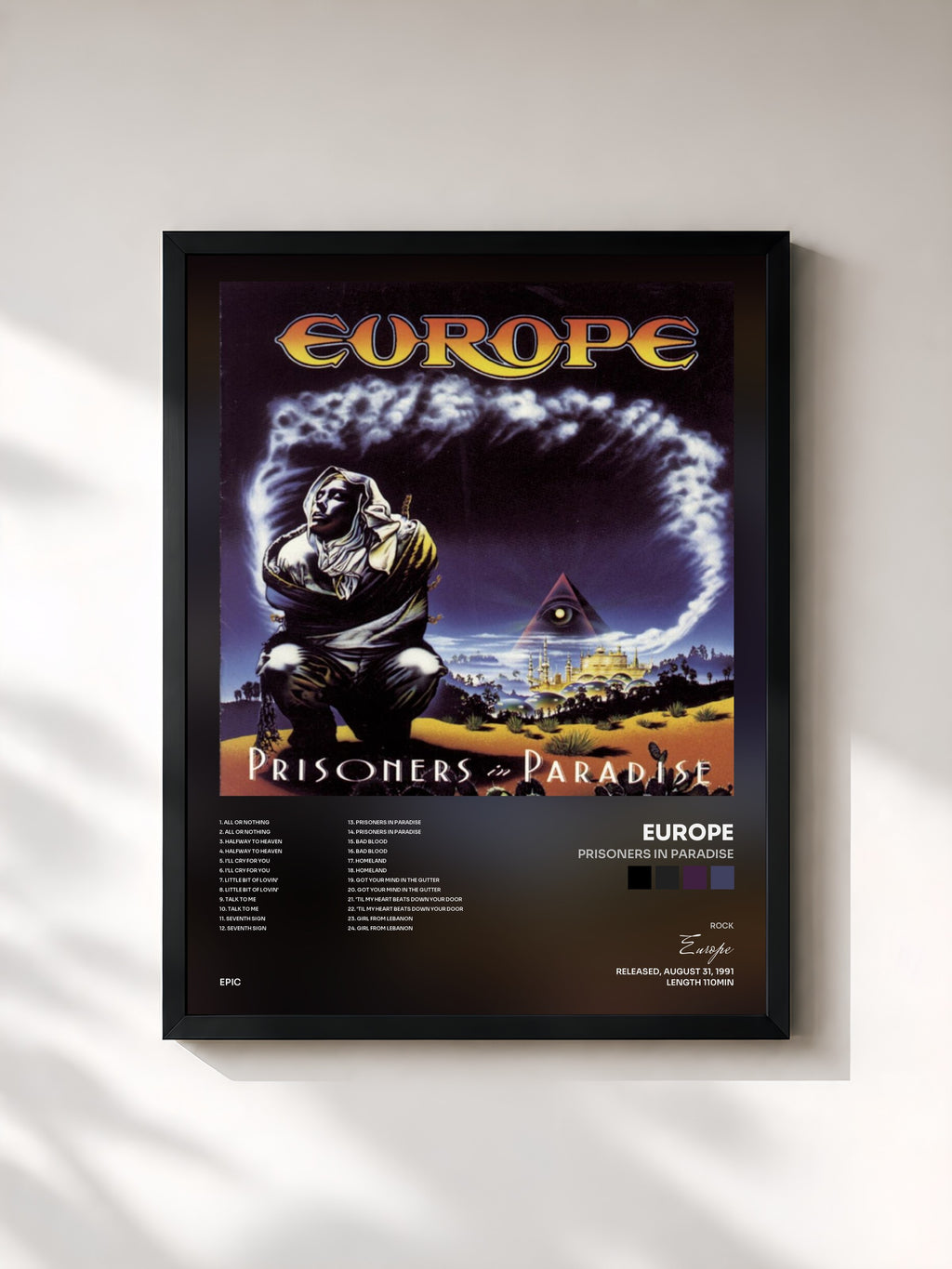 #noir Tableau de l'album Prisoners In Paradise de Europe, cadre noir, imprimé et encadré en France