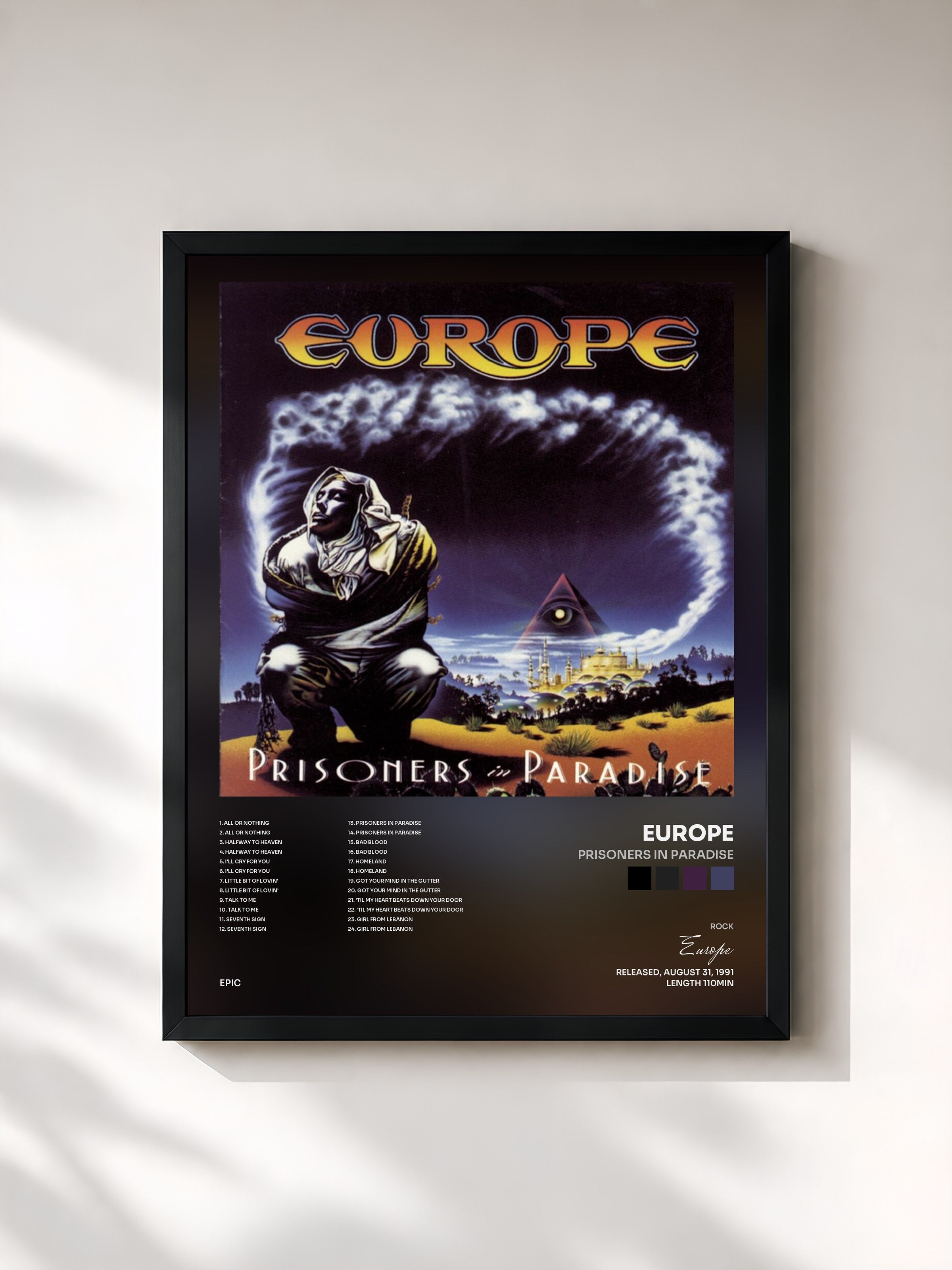 #noir Tableau de l'album Prisoners In Paradise de Europe, cadre noir, imprimé et encadré en France
