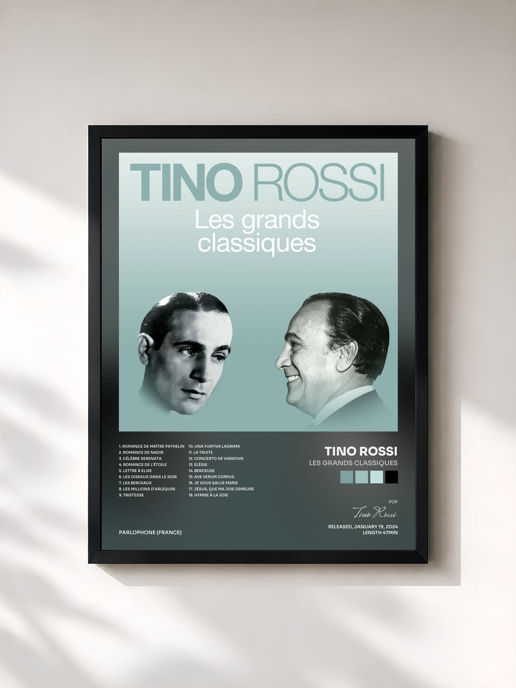 #noir Tableau de l'album Les grands classiques de Tino Rossi, cadre noir, imprimé et encadré en France