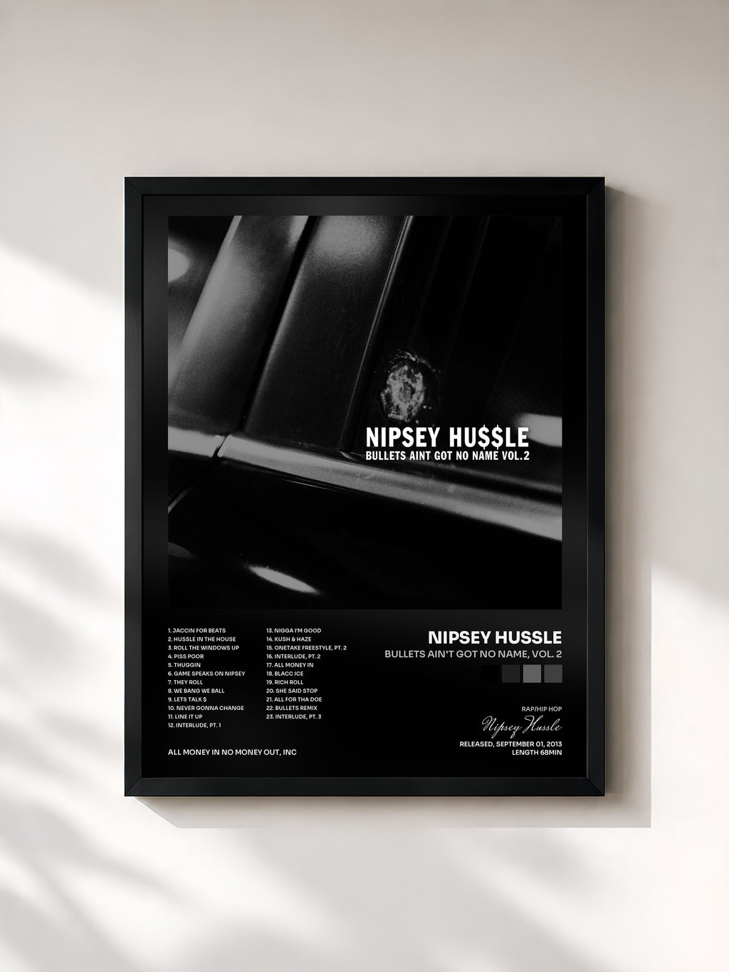 #noir Tableau de l'album Bullets Ain't Got No Name, Vol. 2 de Nipsey Hussle, cadre noir, imprimé et encadré en France