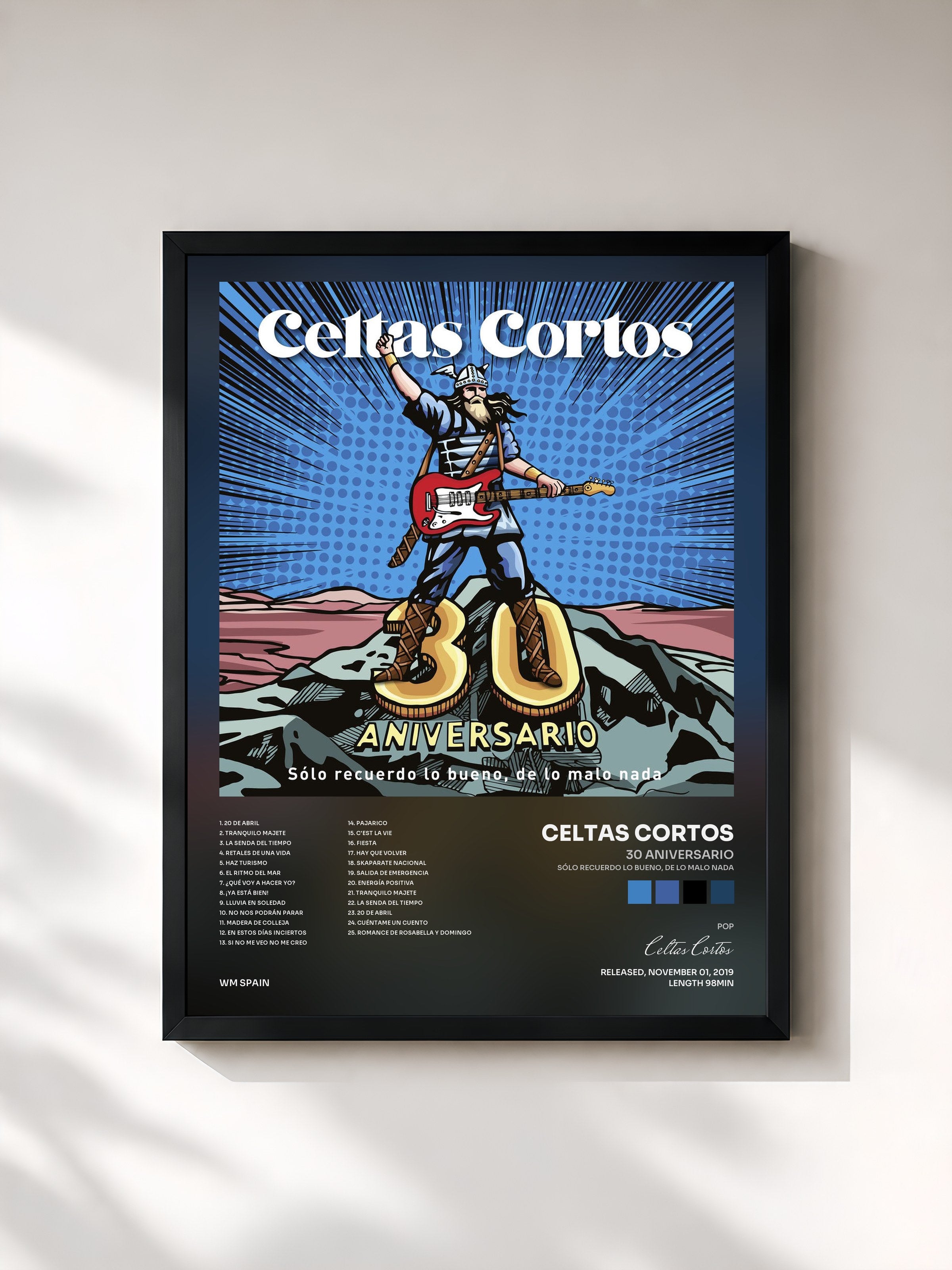 #noir Tableau de l'album 30 Aniversario (Sólo recuerdo lo bueno, de lo malo nada) de Celtas Cortos, cadre noir, imprimé et encadré en France