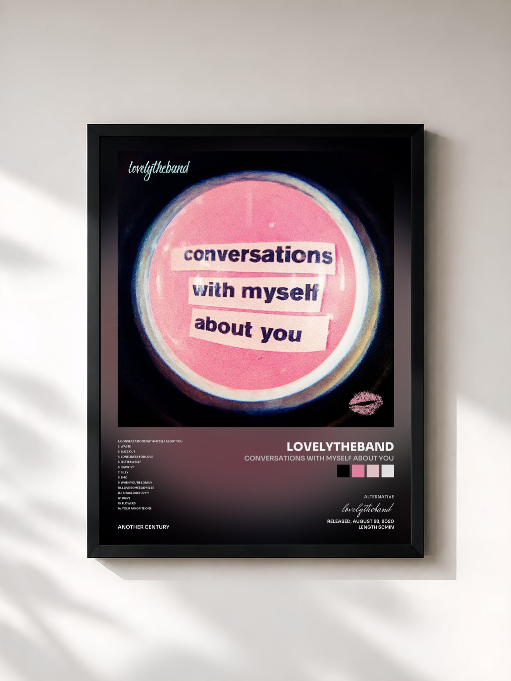#noir Tableau de l'album conversations with myself about you de lovelytheband, cadre noir, imprimé et encadré en France