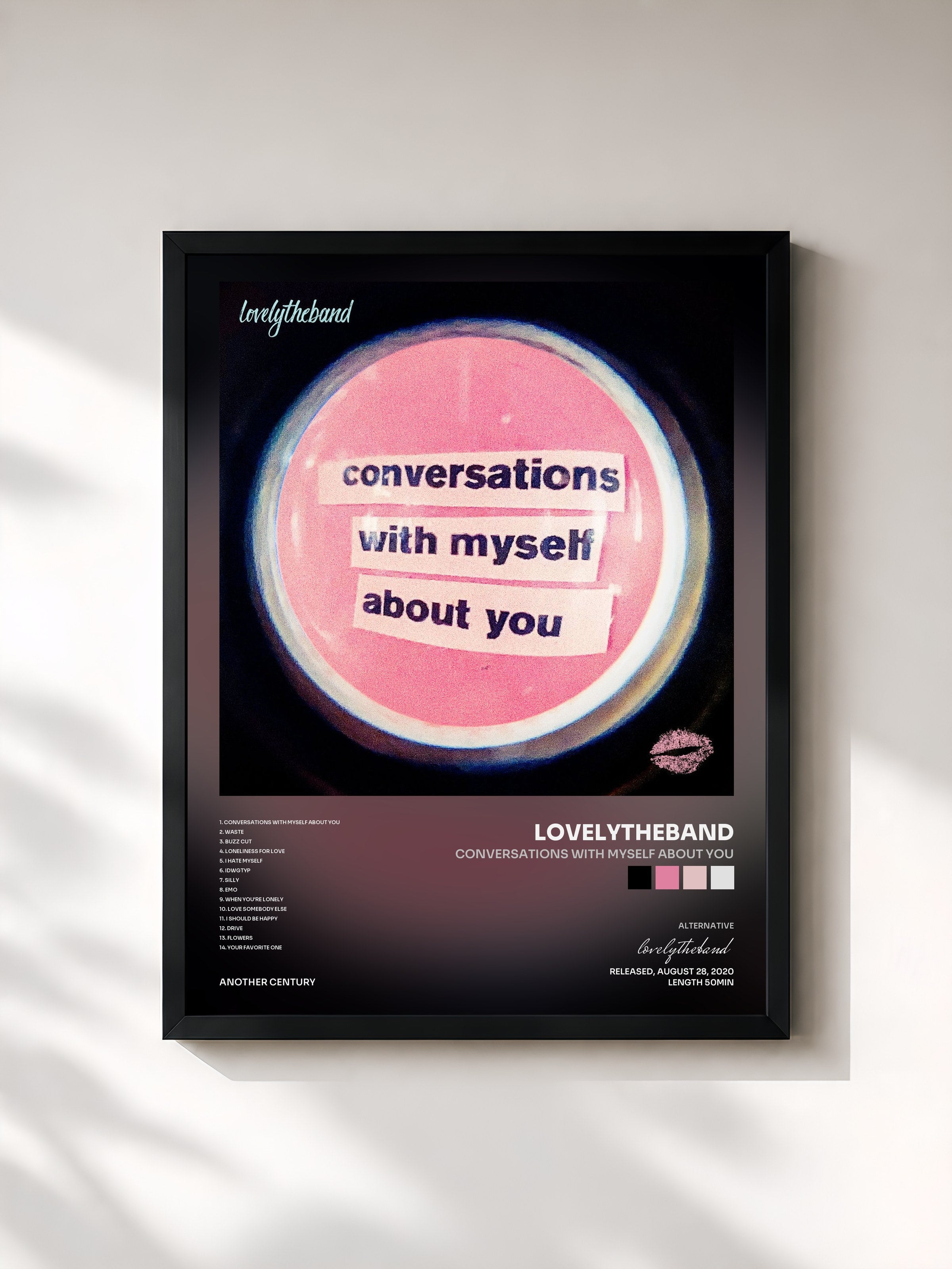 #noir Tableau de l'album conversations with myself about you de lovelytheband, cadre noir, imprimé et encadré en France