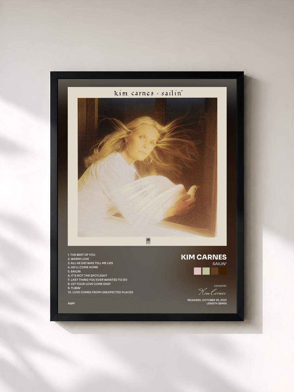 #noir Tableau de l'album Sailin' de Kim Carnes, cadre noir, imprimé et encadré en France