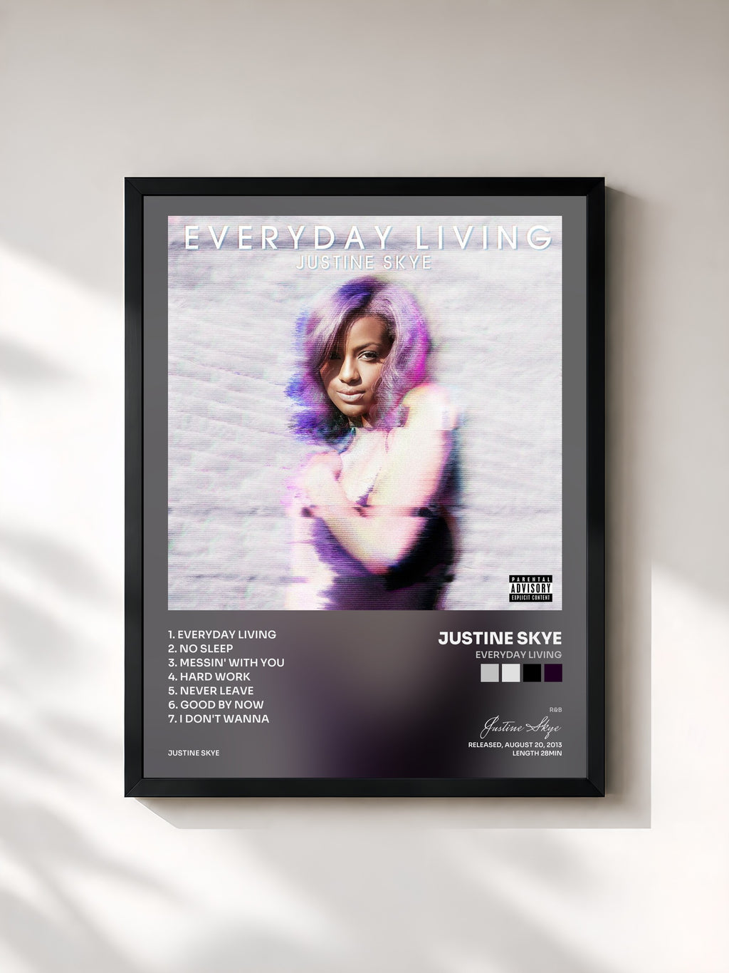 #noir Tableau de l'album Everyday Living de Justine Skye, cadre noir, imprimé et encadré en France
