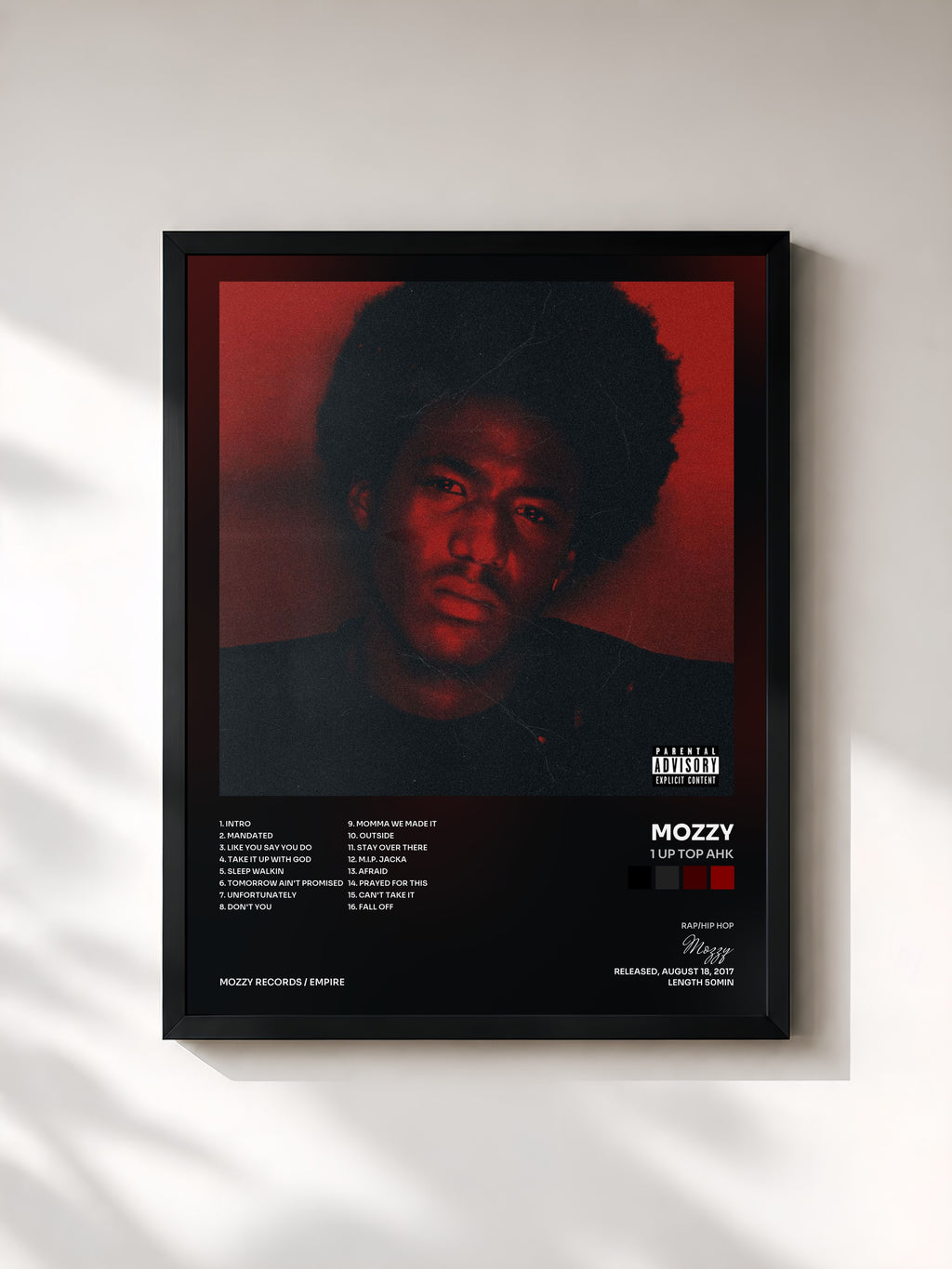 #noir Tableau de l'album 1 Up Top Ahk de Mozzy, cadre noir, imprimé et encadré en France