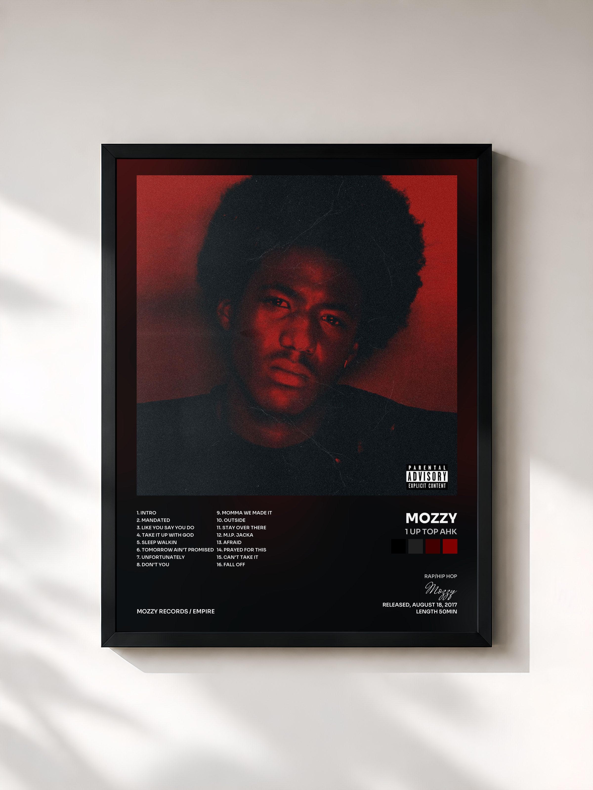 #noir Tableau de l'album 1 Up Top Ahk de Mozzy, cadre noir, imprimé et encadré en France