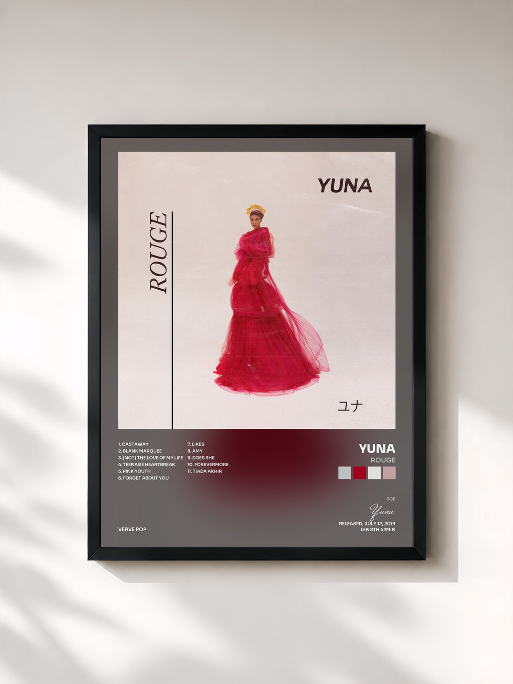 #noir Tableau de l'album Rouge de Yuna, cadre noir, imprimé et encadré en France