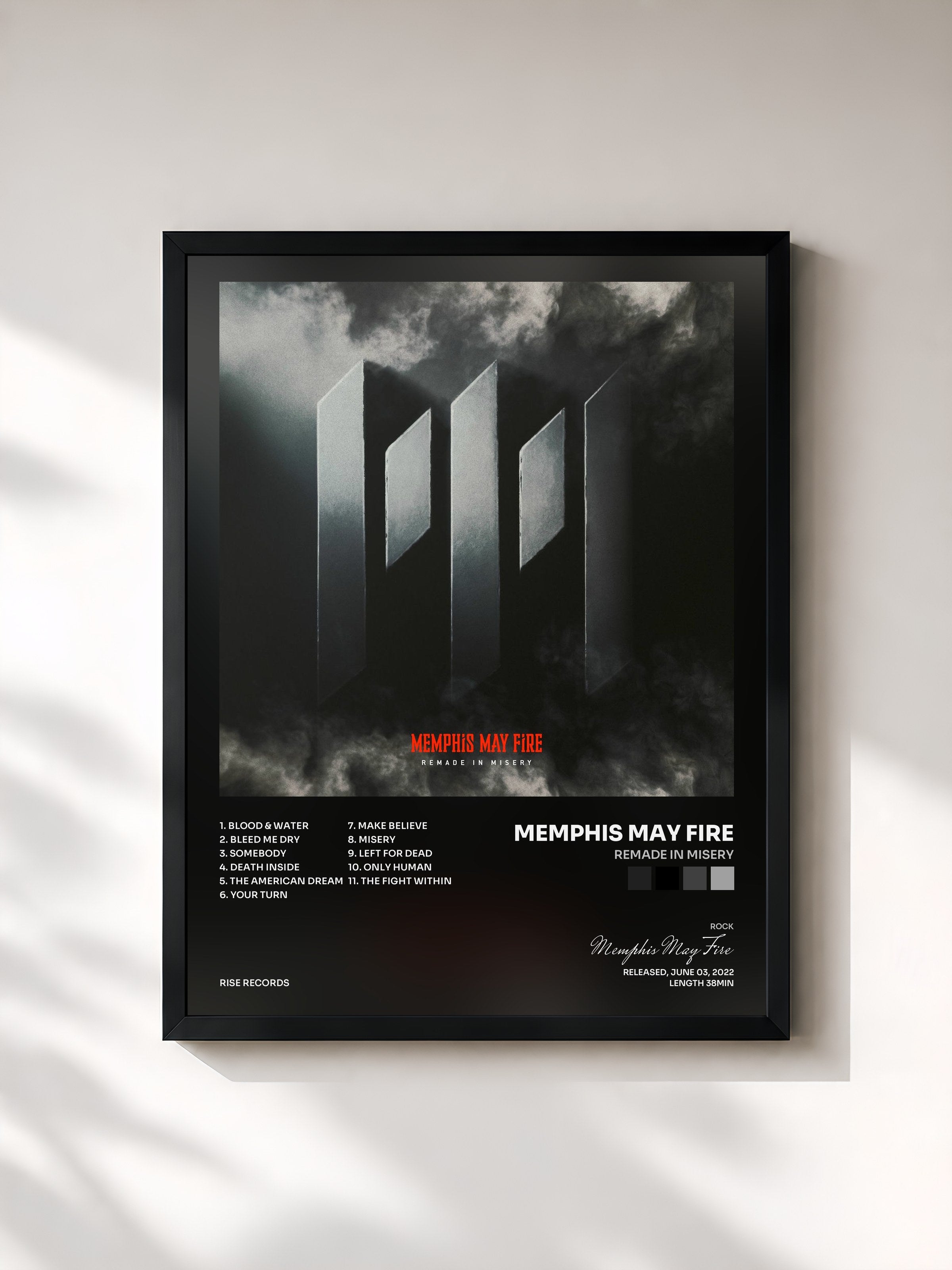 #noir Tableau de l'album Remade In Misery de Memphis May Fire, cadre noir, imprimé et encadré en France