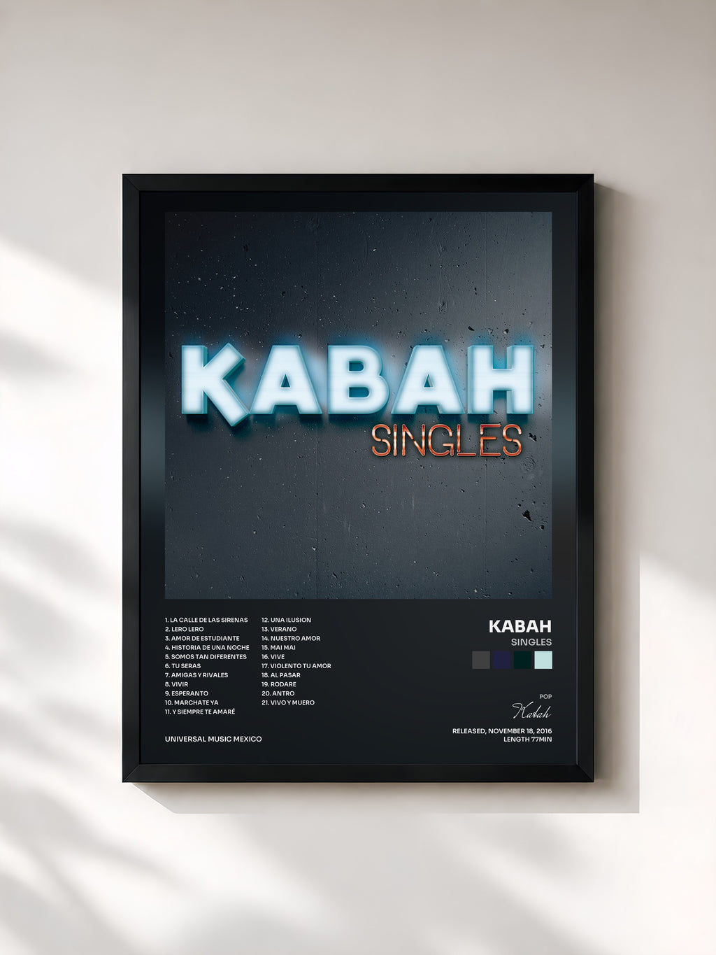 #noir Tableau de l'album Singles de Kabah, cadre noir, imprimé et encadré en France