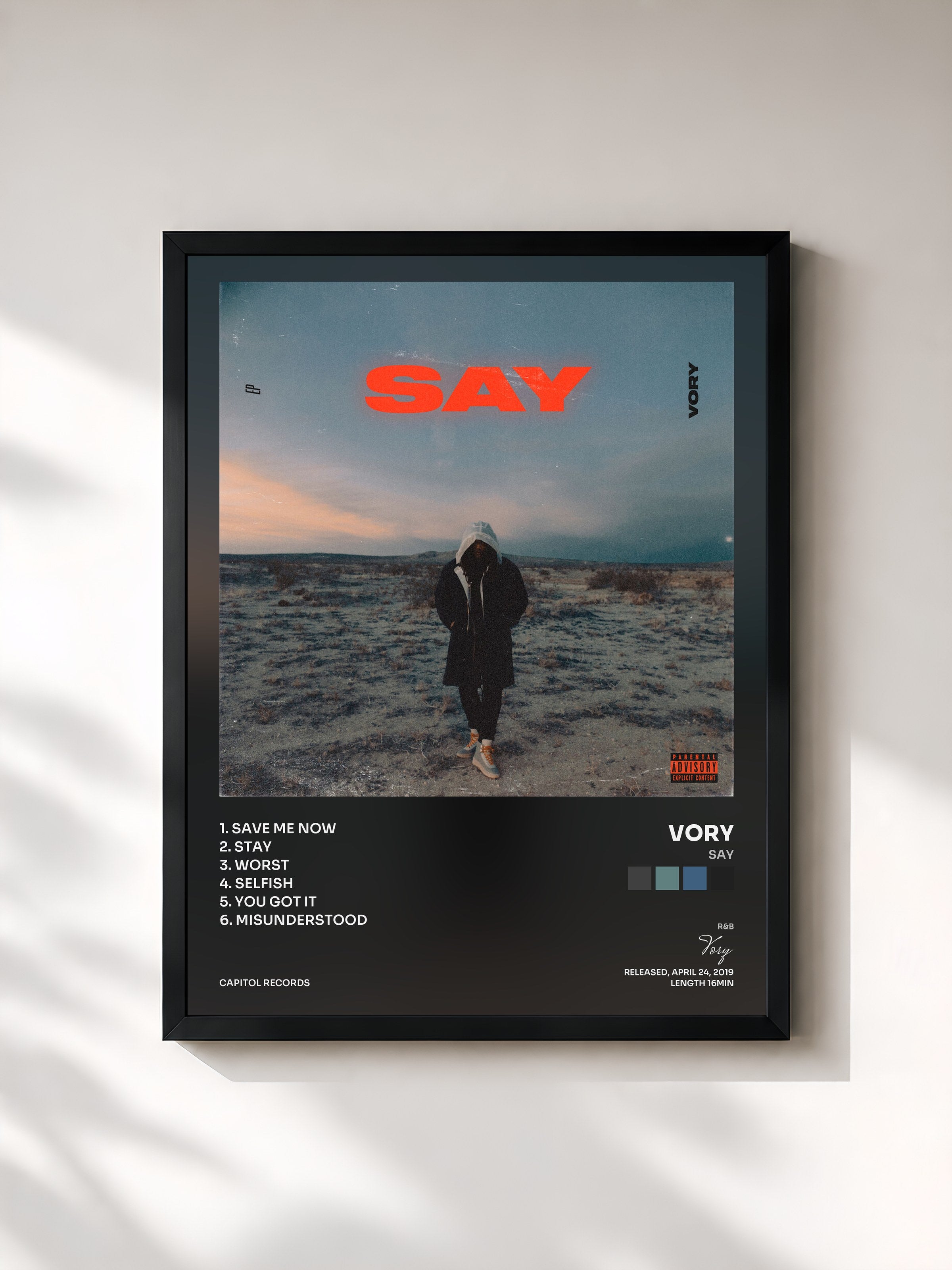 #noir Tableau de l'album SAY de Vory, cadre noir, imprimé et encadré en France