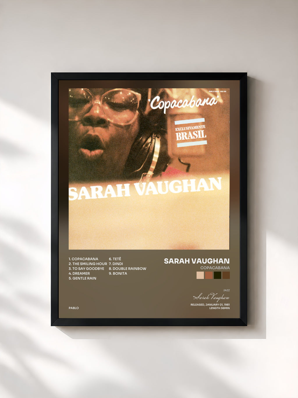 #noir Tableau de l'album Copacabana de Sarah Vaughan, cadre noir, imprimé et encadré en France