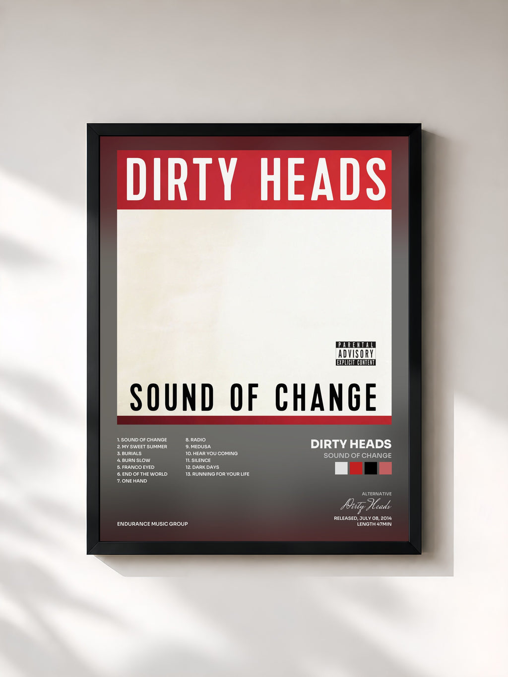 #noir Tableau de l'album Sound Of Change de Dirty Heads, cadre noir, imprimé et encadré en France
