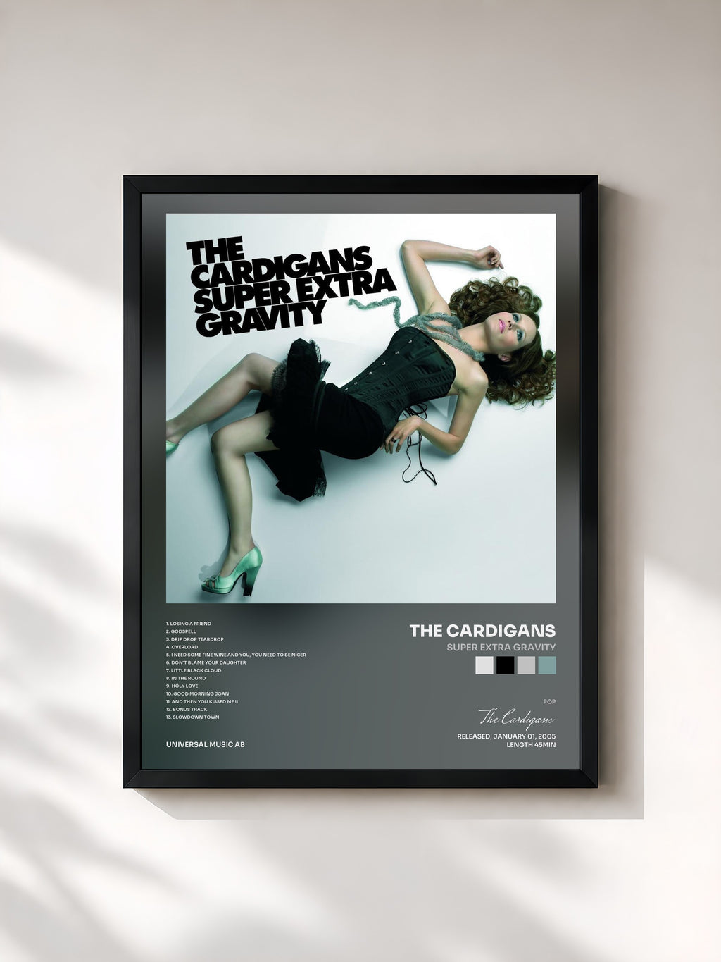 #noir Tableau de l'album Super Extra Gravity de The Cardigans, cadre noir, imprimé et encadré en France