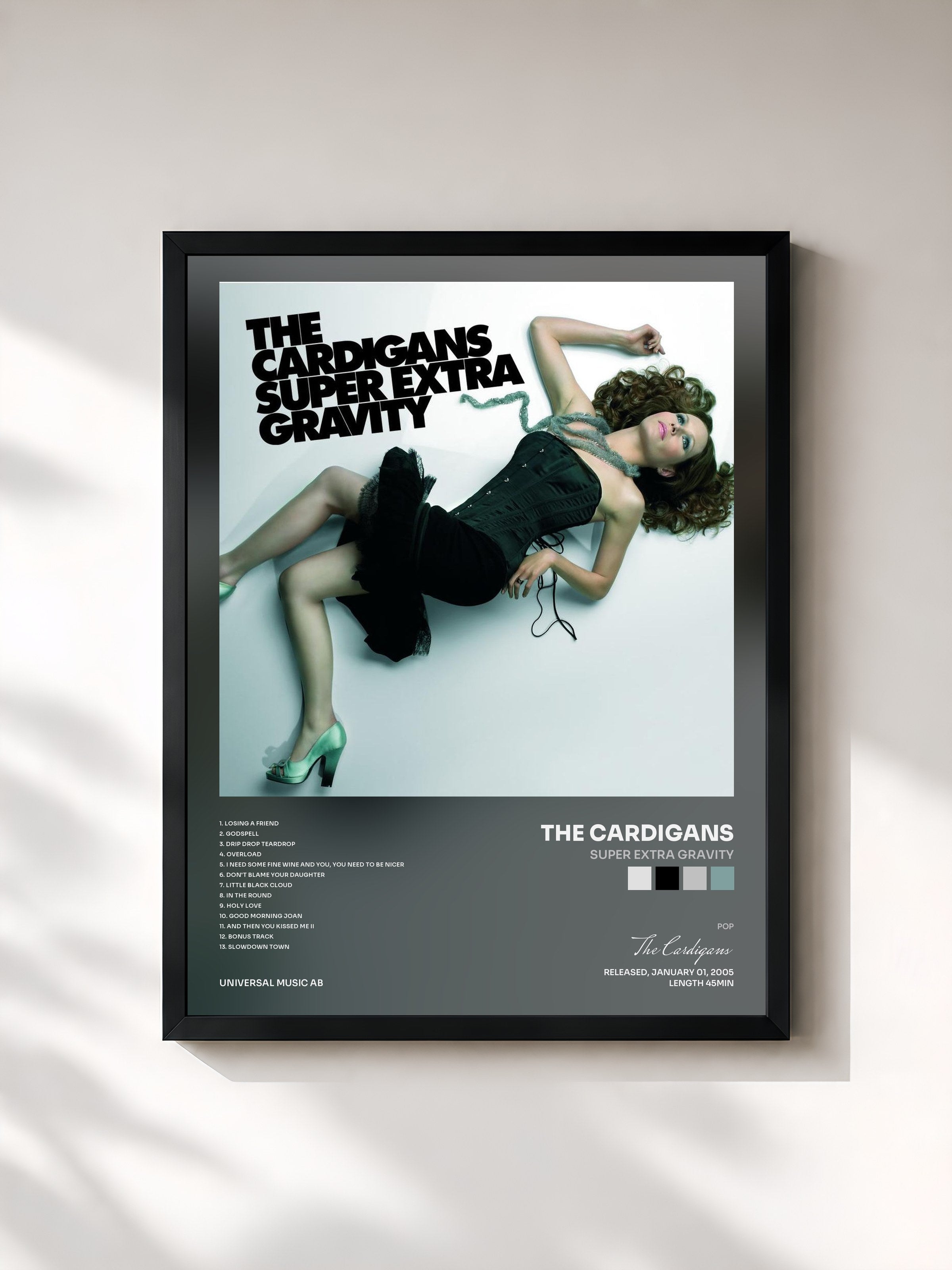 #noir Tableau de l'album Super Extra Gravity de The Cardigans, cadre noir, imprimé et encadré en France