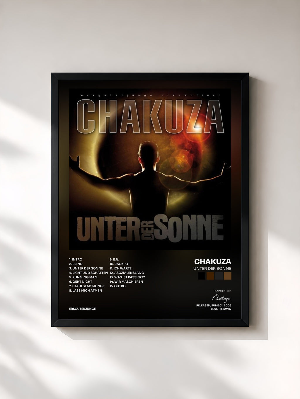 #noir Tableau de l'album Unter der Sonne de Chakuza, cadre noir, imprimé et encadré en France