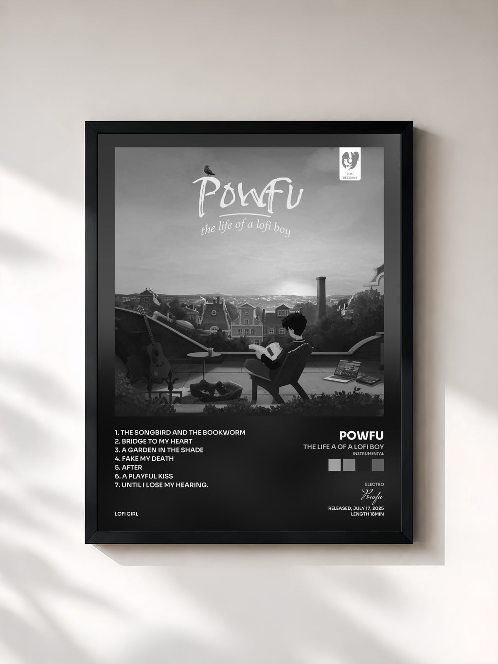 #noir Tableau de l'album the life a of a lofi boy (Instrumental) de Powfu, cadre noir, imprimé et encadré en France