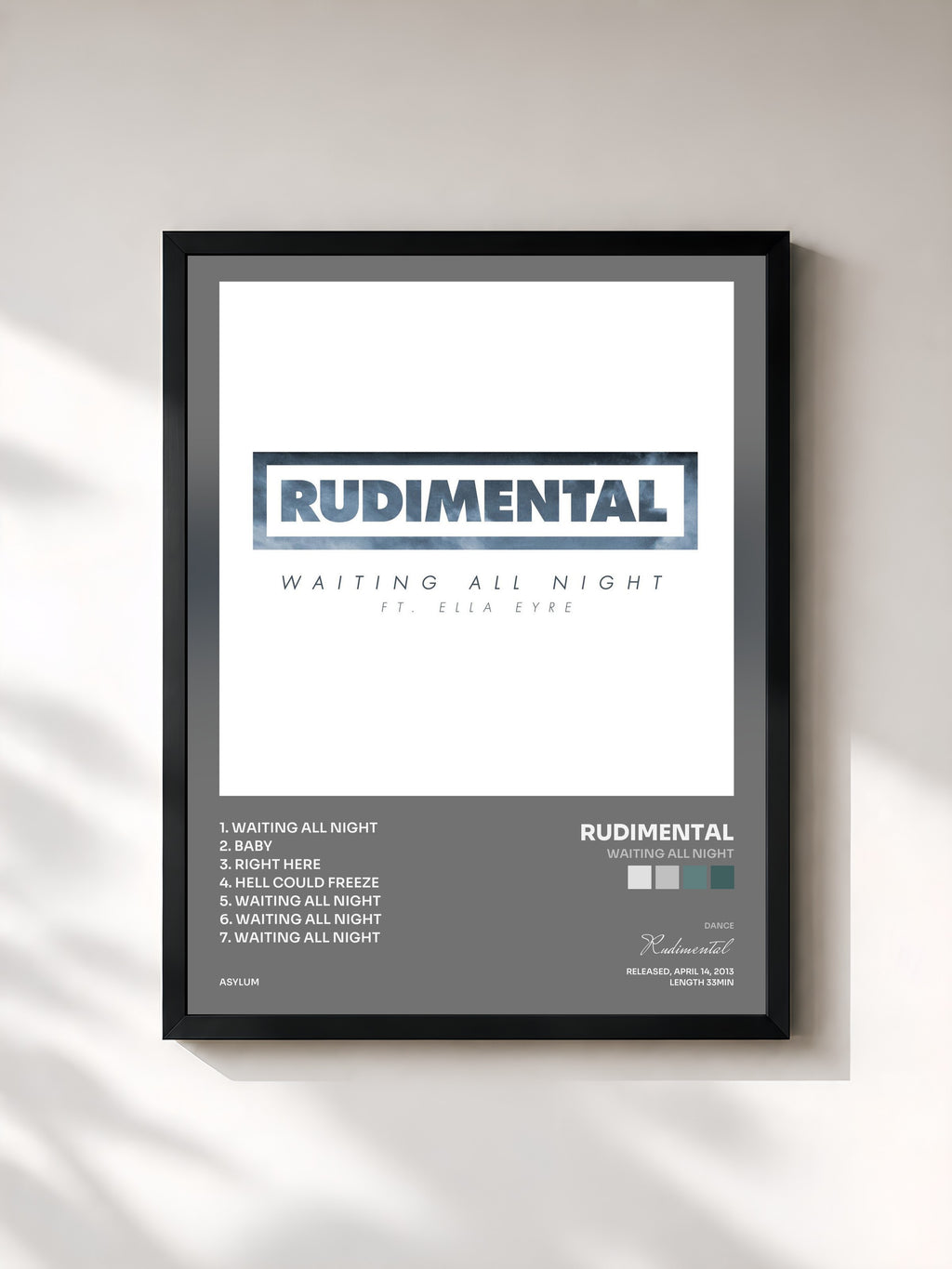 #noir Tableau de l'album Waiting All Night de Rudimental, cadre noir, imprimé et encadré en France