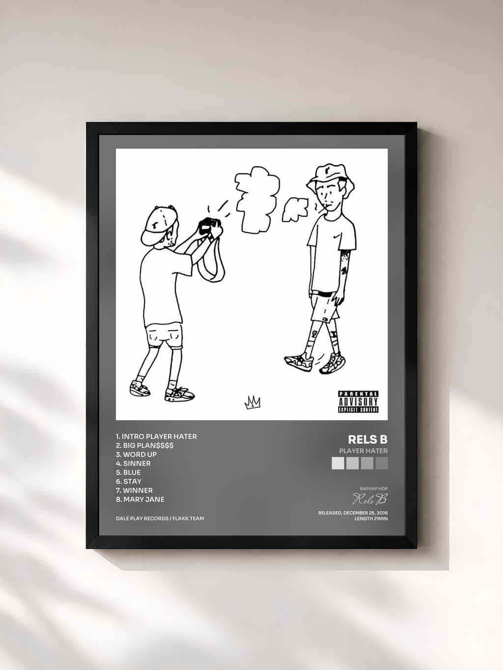 #noir Tableau de l'album Player Hater de Rels B, cadre noir, imprimé et encadré en France