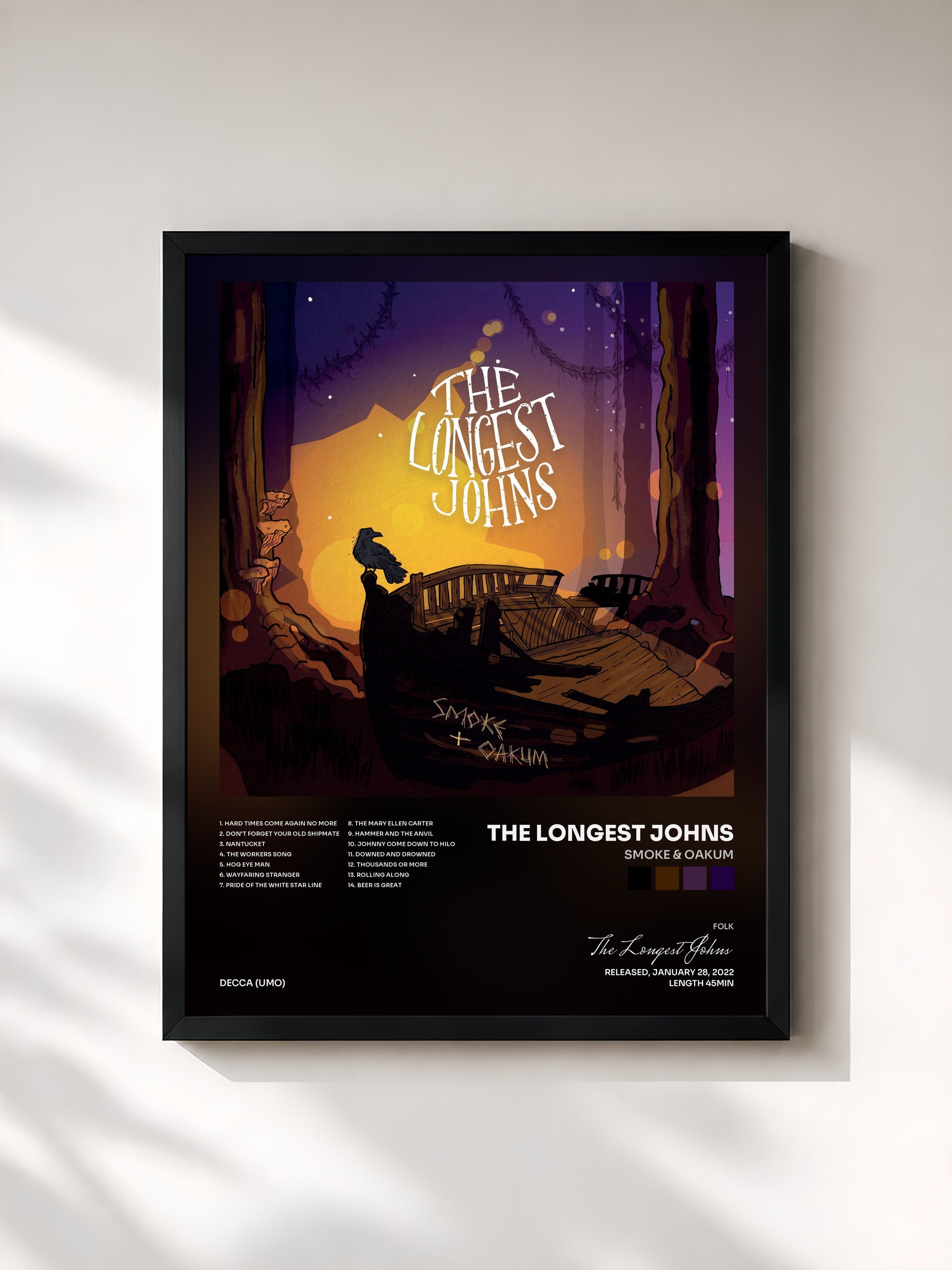 #noir Tableau de l'album Smoke & Oakum de The Longest Johns, cadre noir, imprimé et encadré en France