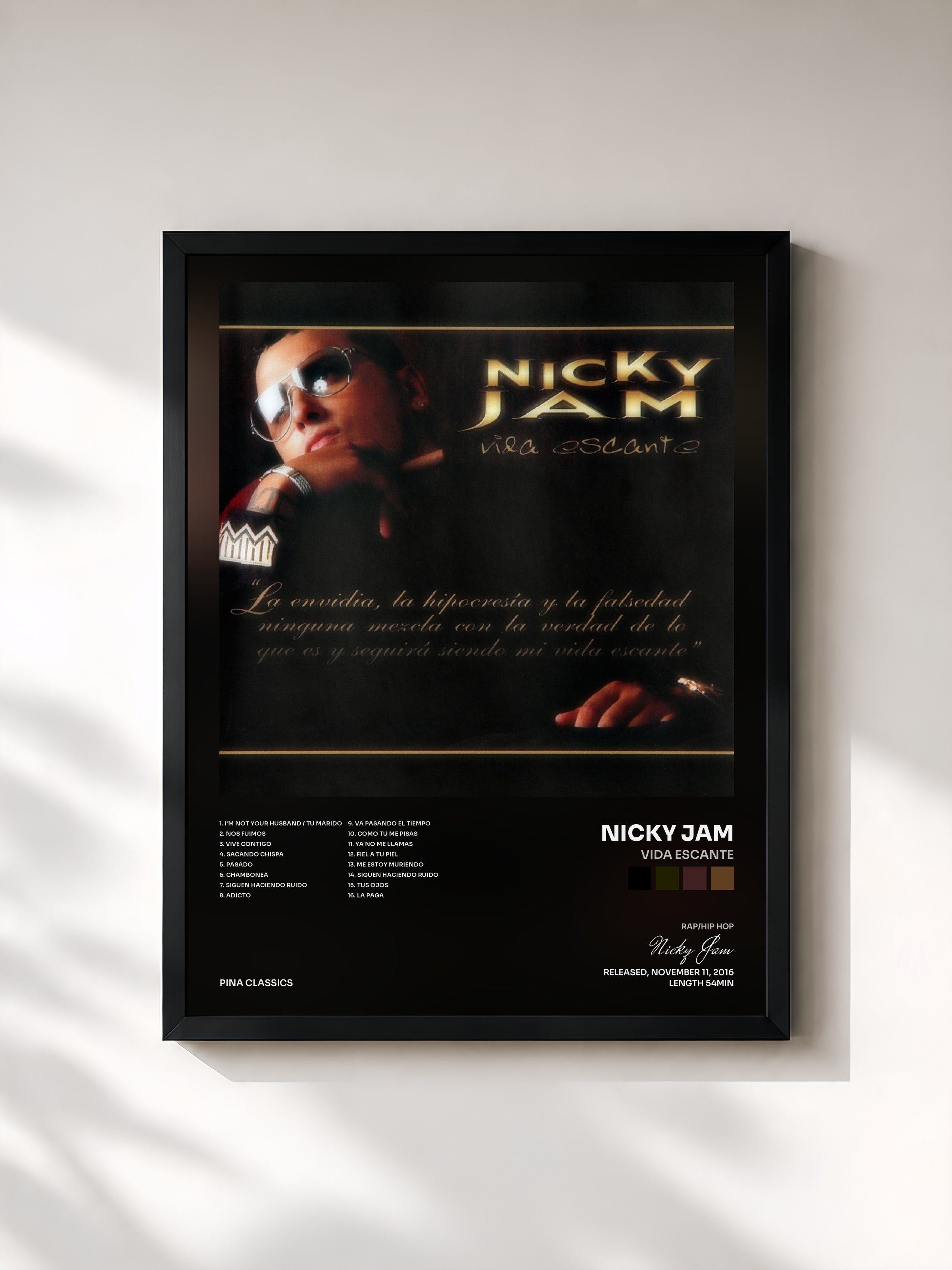 #noir Tableau de l'album Vida Escante de Nicky Jam, cadre noir, imprimé et encadré en France