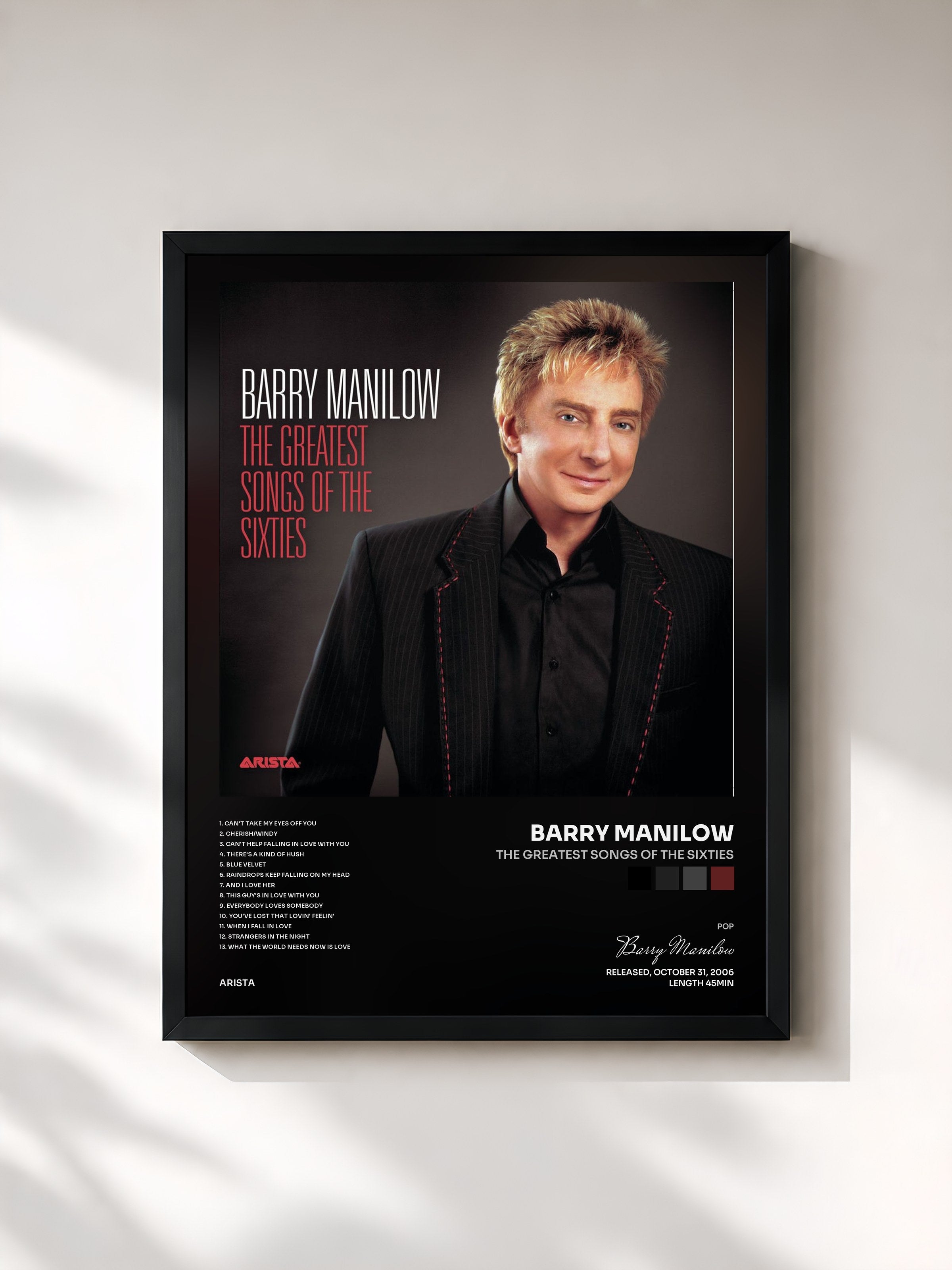 #noir Tableau de l'album The Greatest Songs Of The Sixties de Barry Manilow, cadre noir, imprimé et encadré en France