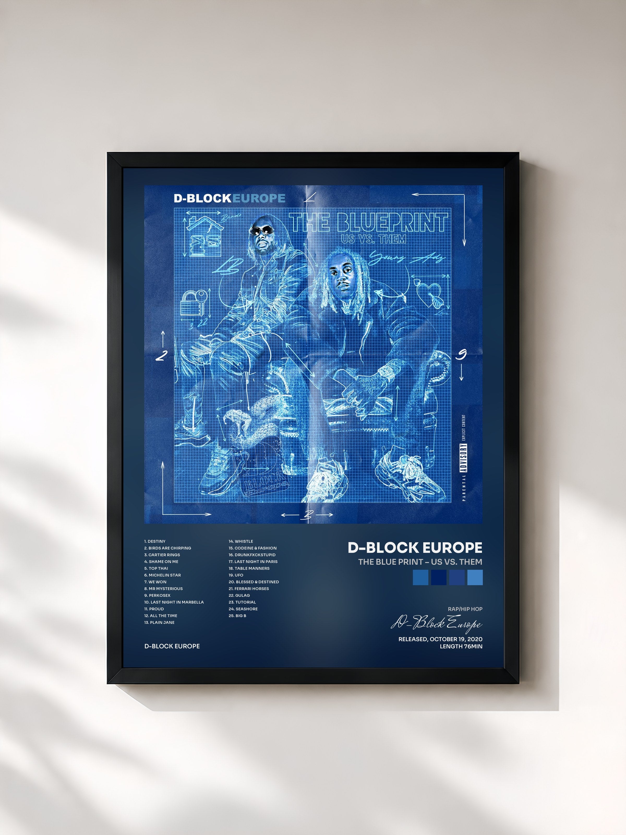 #noir Tableau de l'album The Blue Print – Us Vs. Them de D-Block Europe, cadre noir, imprimé et encadré en France