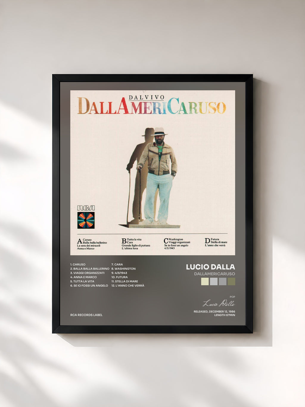 #noir Tableau de l'album Dallamericaruso de Lucio Dalla, cadre noir, imprimé et encadré en France