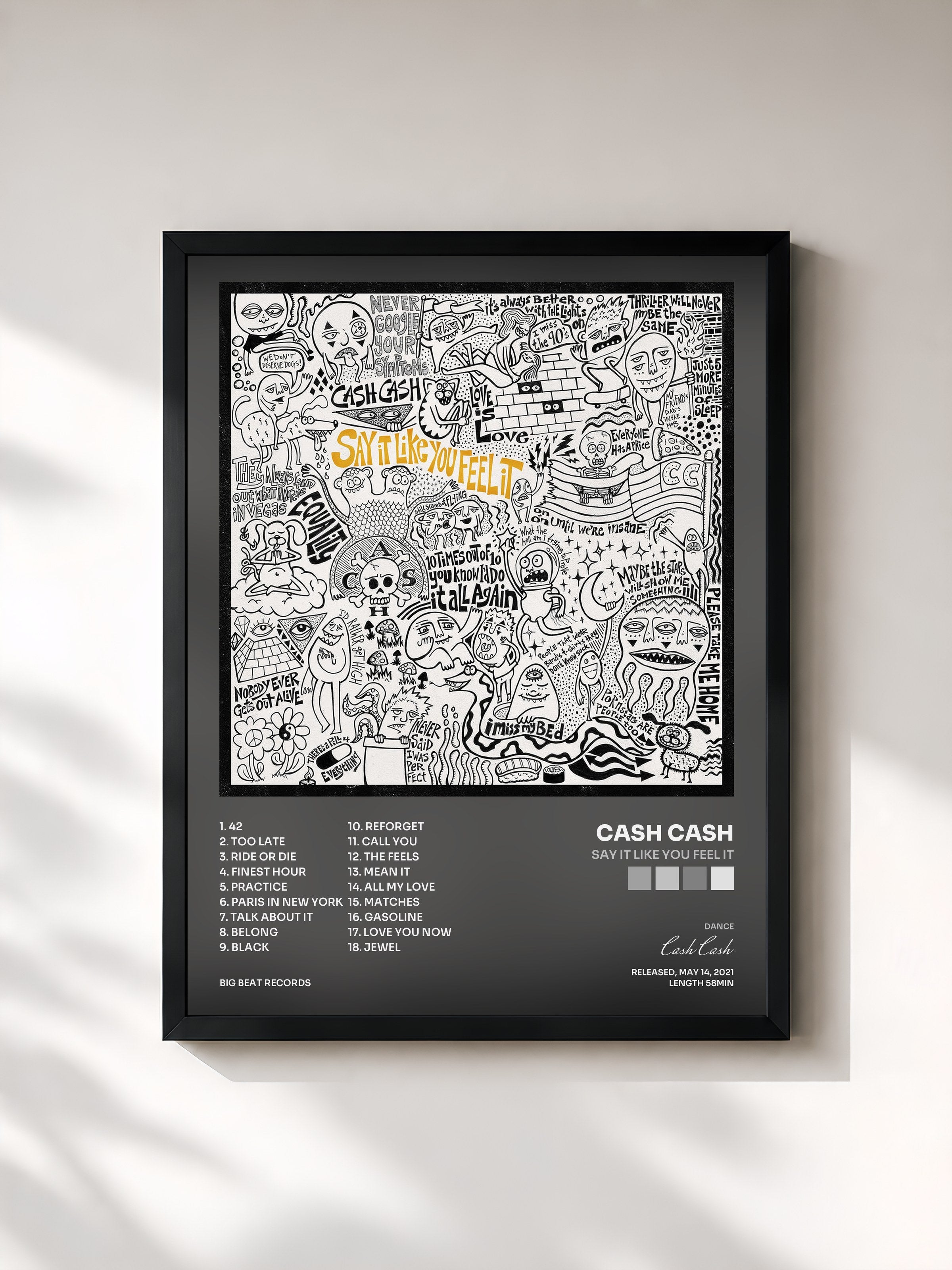 #noir Tableau de l'album Say It Like You Feel It de Cash Cash, cadre noir, imprimé et encadré en France