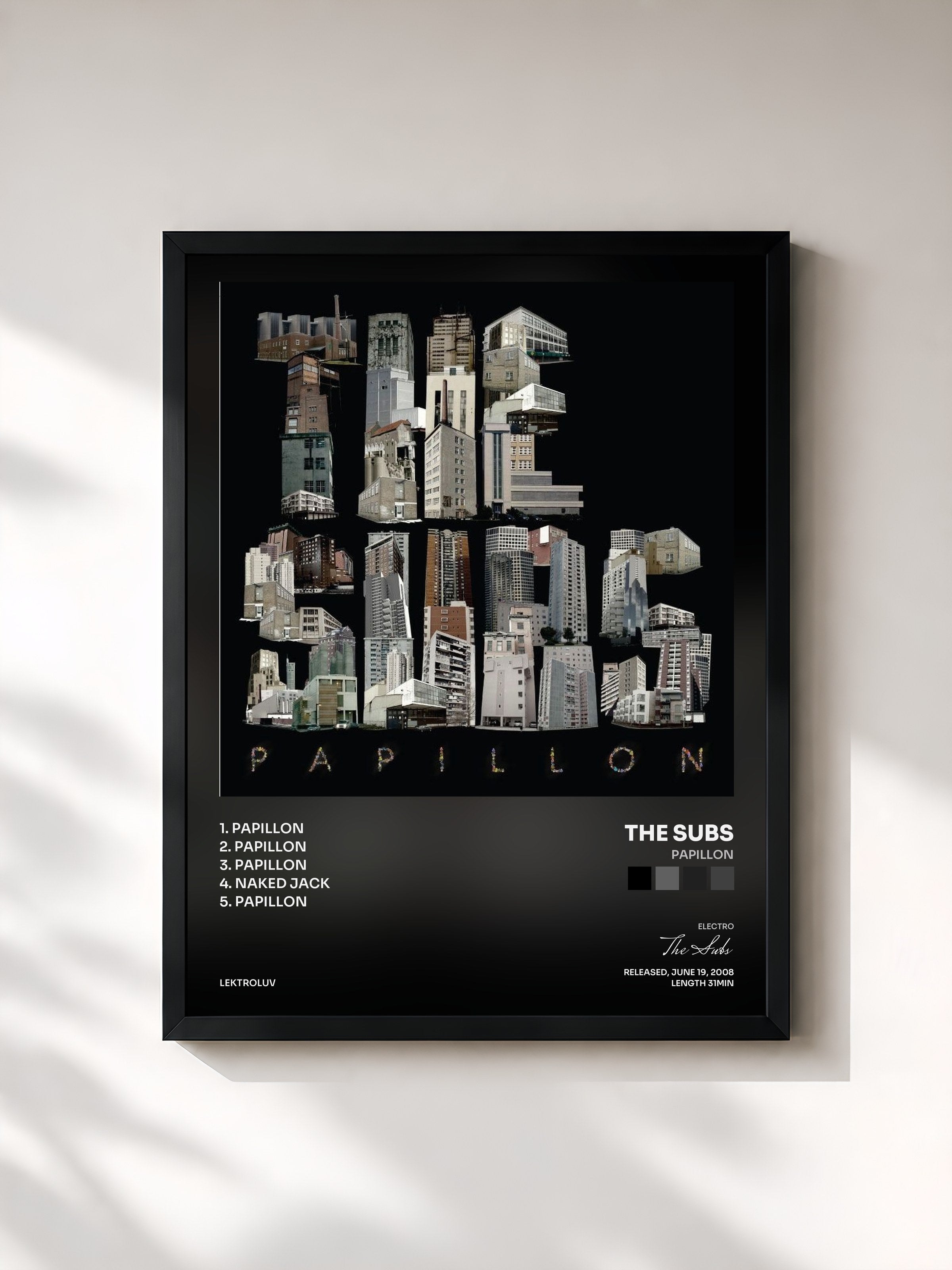 #noir Tableau de l'album Papillon de The Subs, cadre noir, imprimé et encadré en France