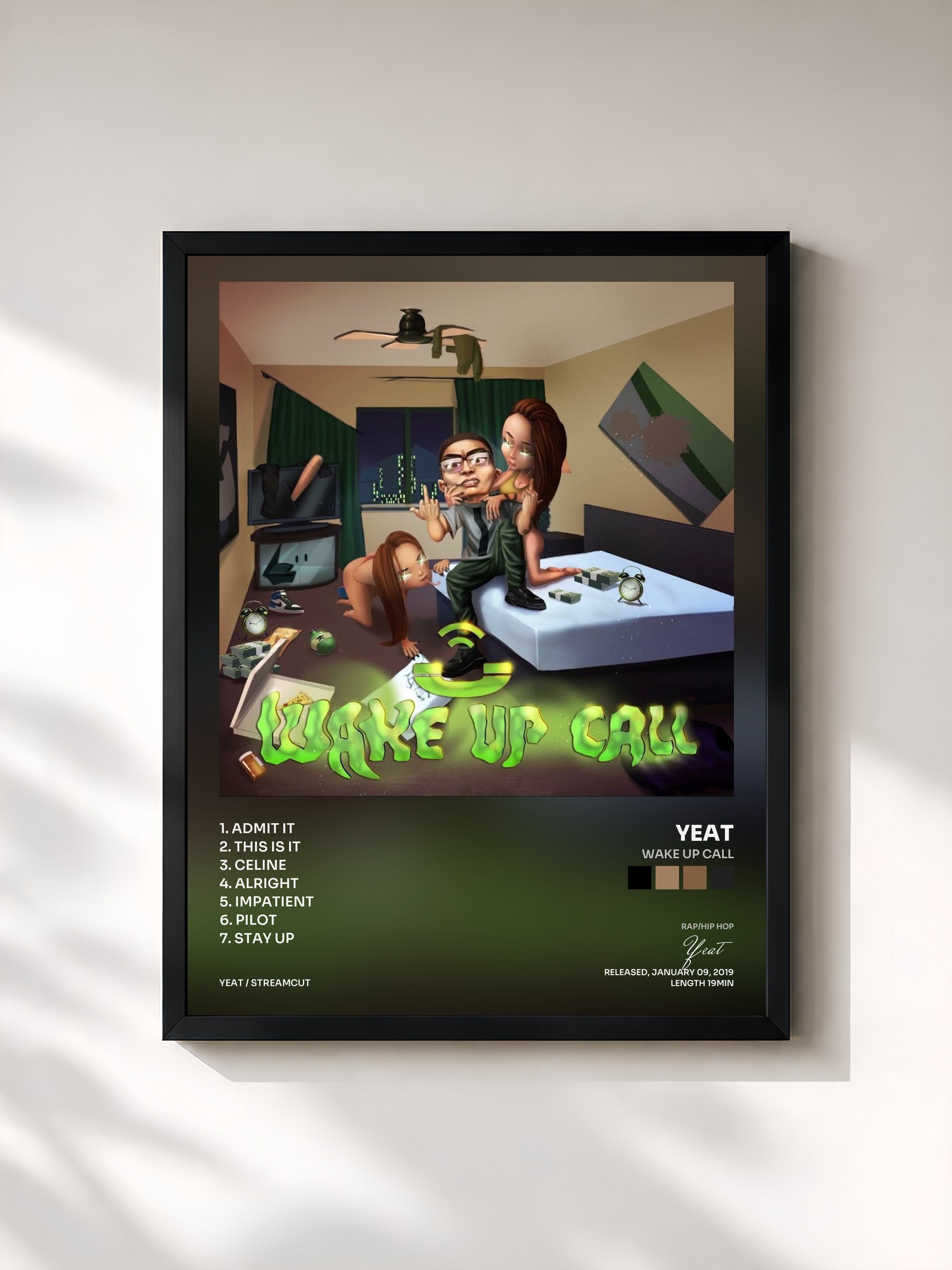 #noir Tableau de l'album Wake Up Call de Yeat, cadre noir, imprimé et encadré en France