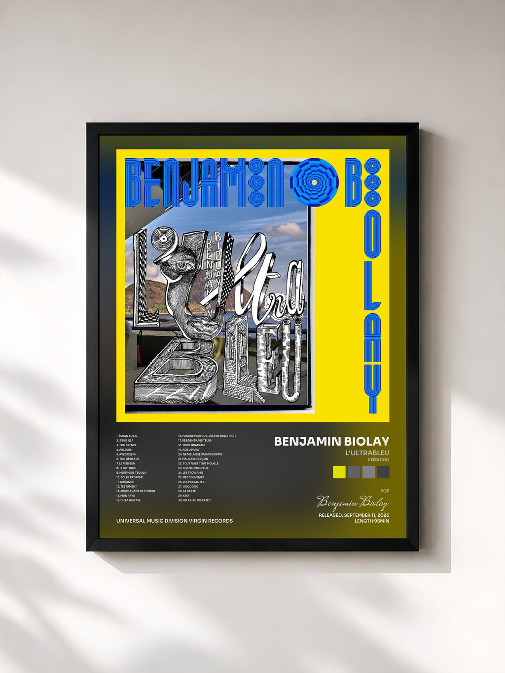 #noir Tableau de l'album L'Ultrableu (Réédition) de Benjamin Biolay, cadre noir, imprimé et encadré en France